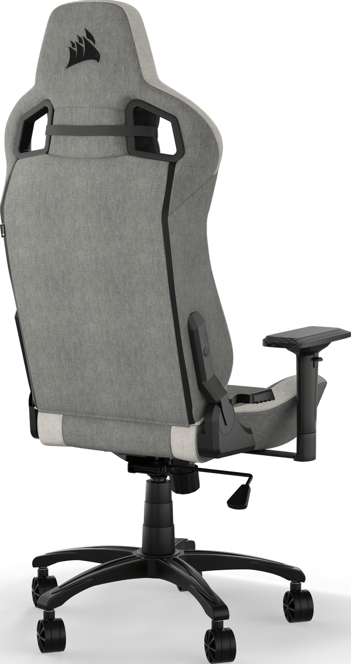 Ein grauer Gaming-Stuhl von hinten mit schwarzem Gestell und Logo wird gezeigt.
