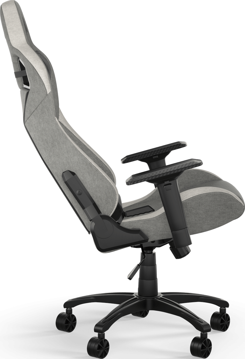 Ein grauer Gaming-Stuhl mit schwarzem Fuß und Rückenlehne.