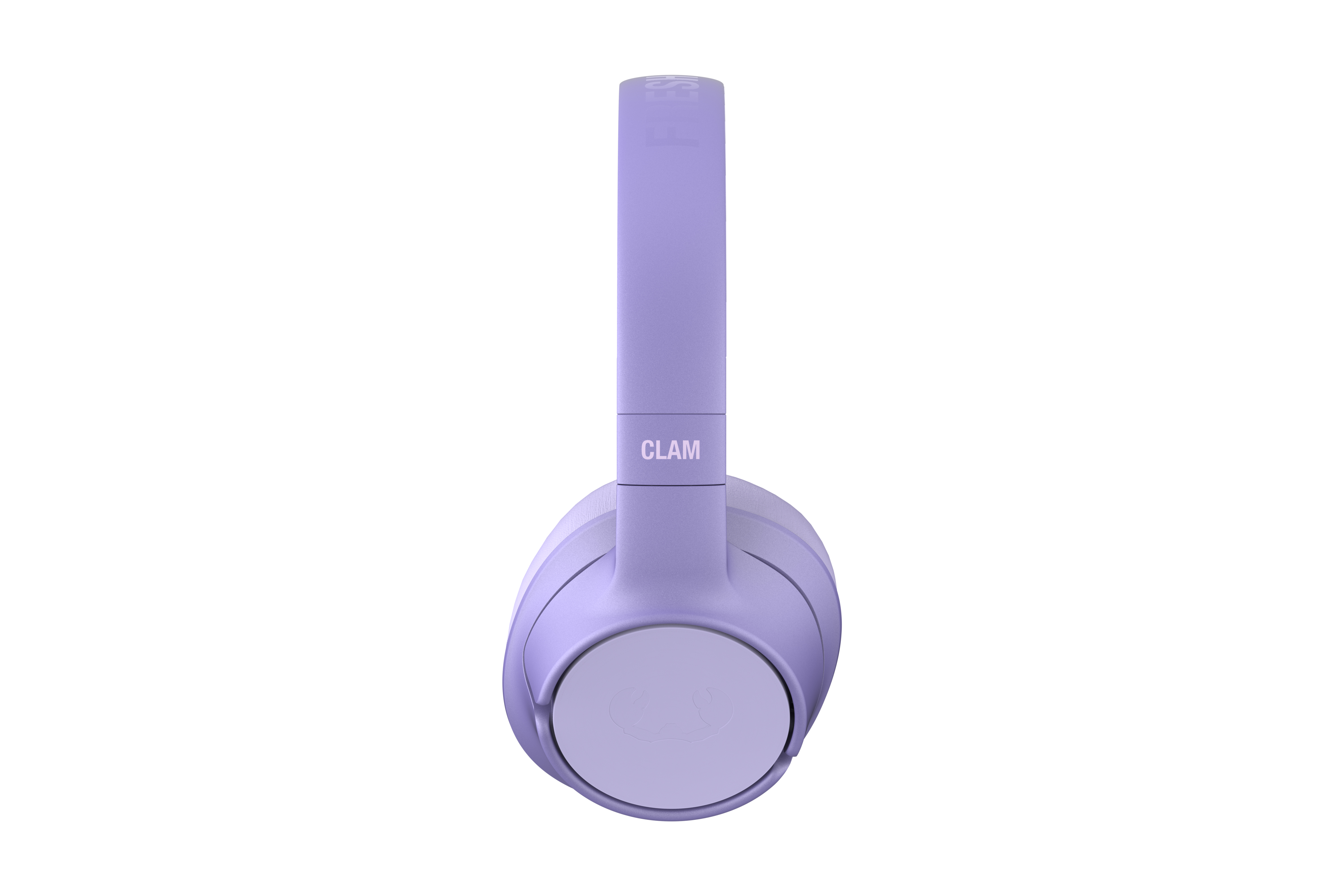 Kafa bandında 'CLAM' yazan açık mor bir kulaklığın yan görünümü.
