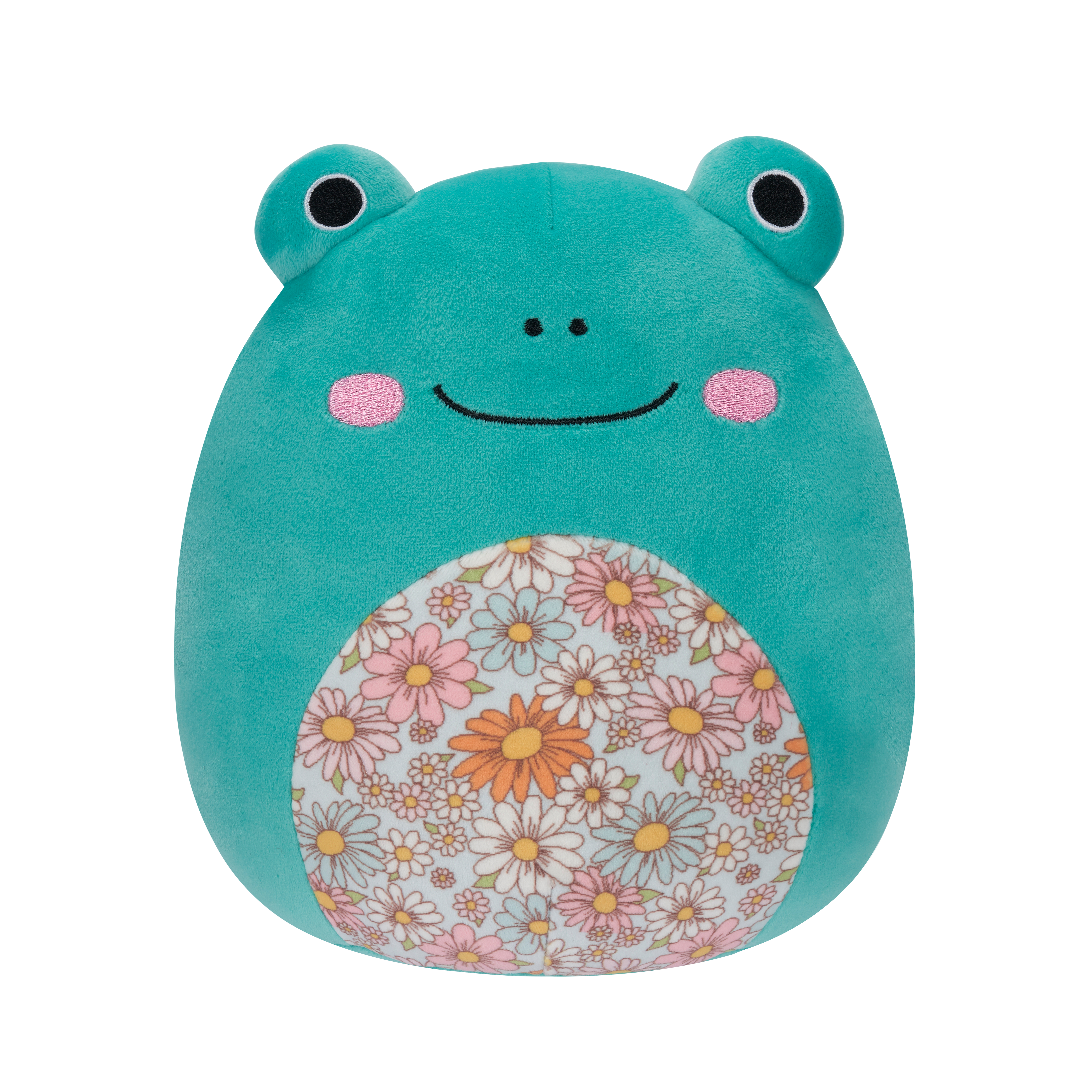 Ein runder, teal-farbener Frosch-Plüschtier. Es hat einen Blumenmuster-Bauch und rosa Wangen.