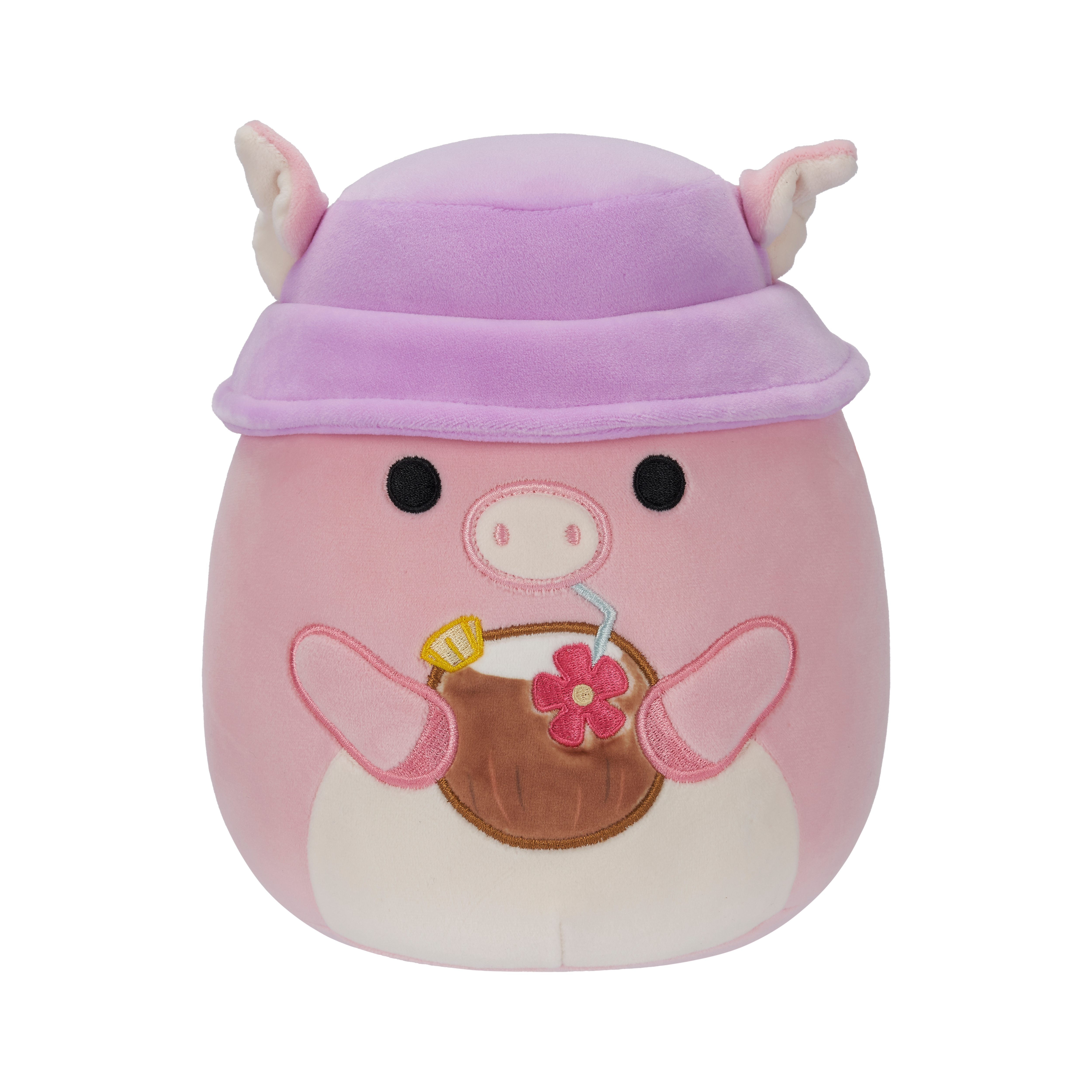 Rosa Schwein Stofftier mit Hut, hält Kokosnussgetränk.