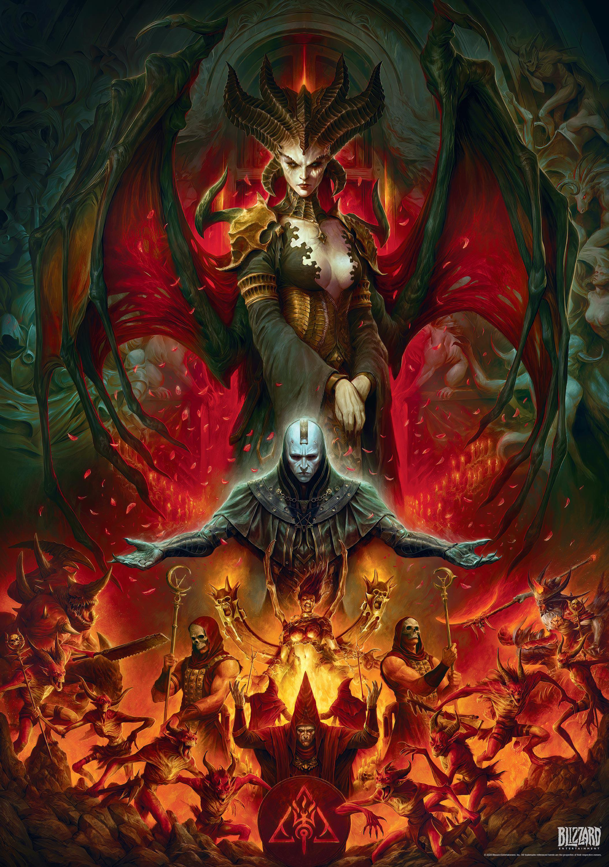 Dramatische Fantasy-Kunst mit einer Dämonenfigur und vielen anderen Figuren in einer feurigen Szene.
