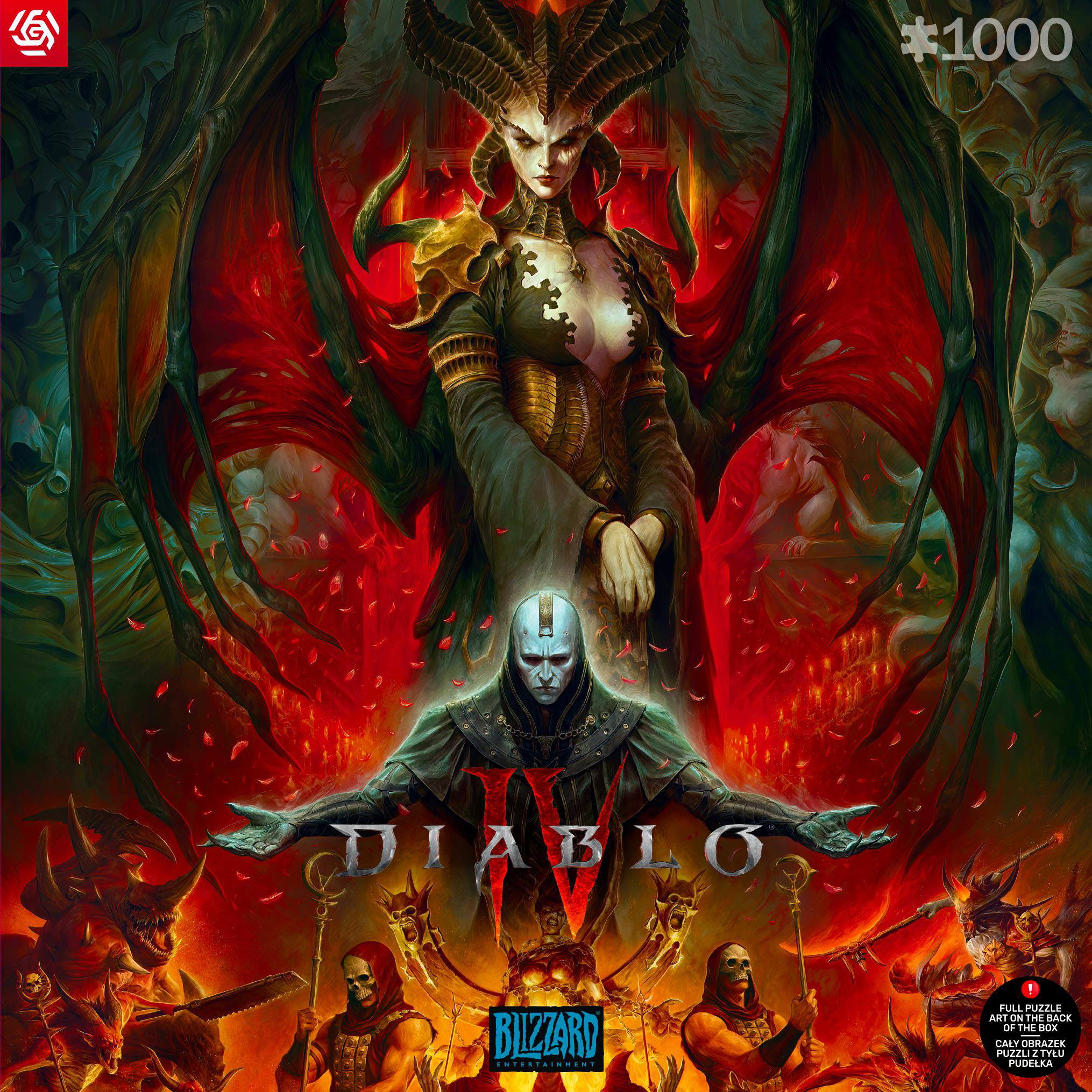 Diablo IV Spielcover: Dämonenfrau, eine Figur und Dämonenfiguren in der Hölle.