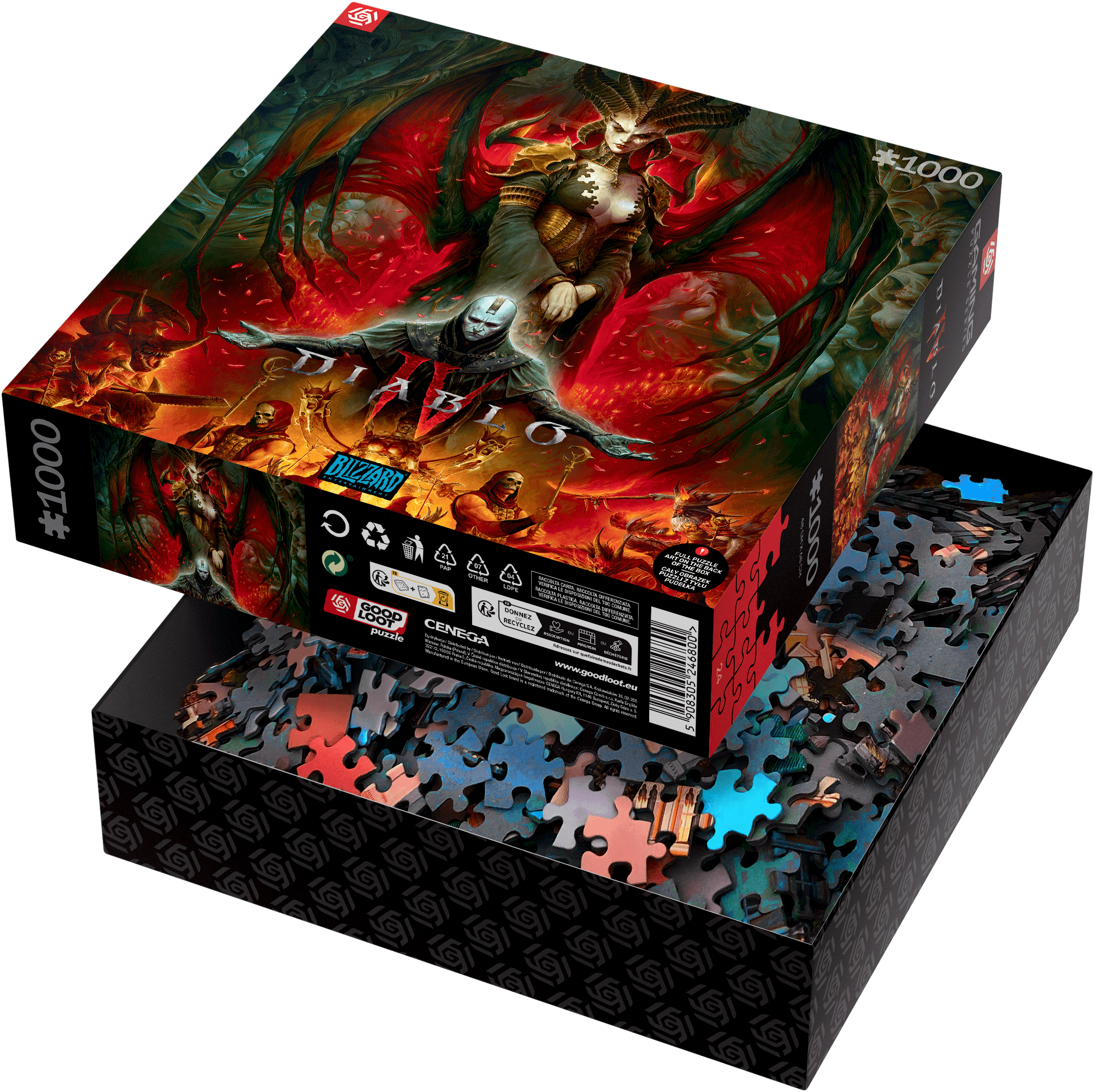 Eine Diablo-Puzzle-Box mit Puzzleteilen in der Box.