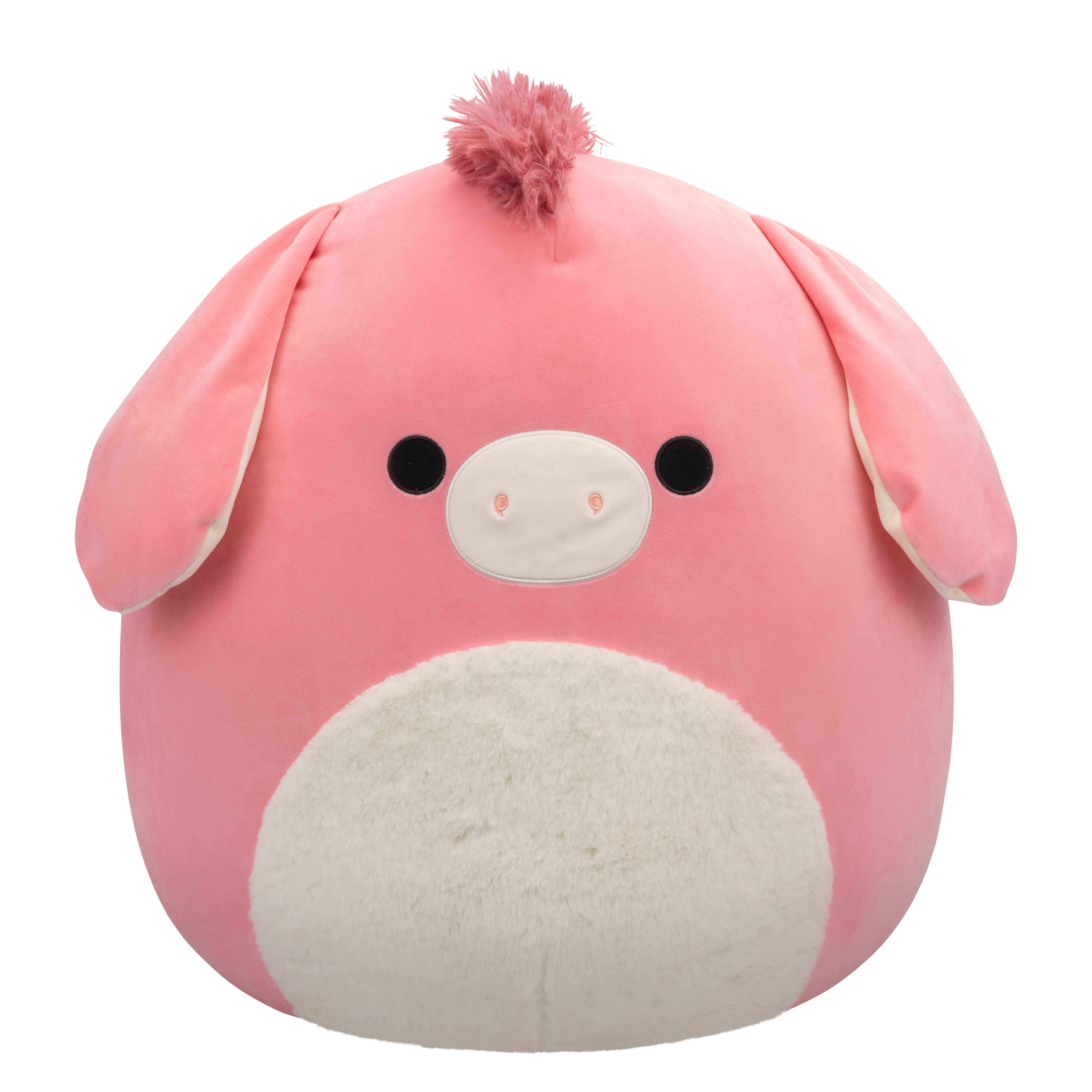 Rosa Schweinchen-Plüschtier mit Ohren, Schnauze und Haarbüschel. Weißer Bauch.
