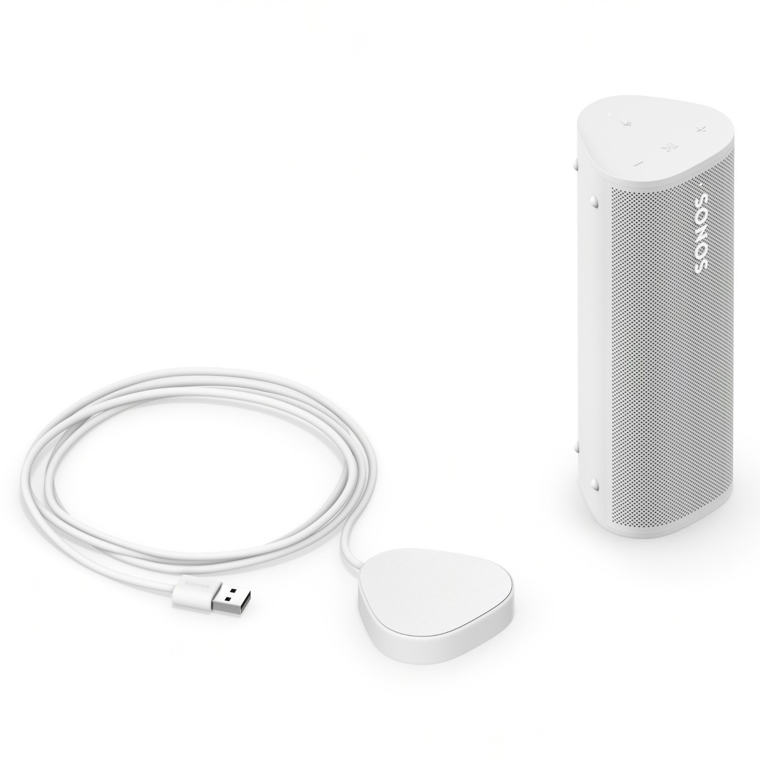 Altavoz Sonos blanco con cable y adaptador blanco.