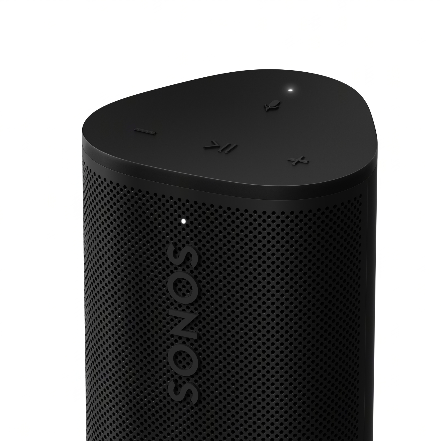 Un altavoz Sonos negro sobre un fondo blanco. La parte superior tiene botones y una luz.