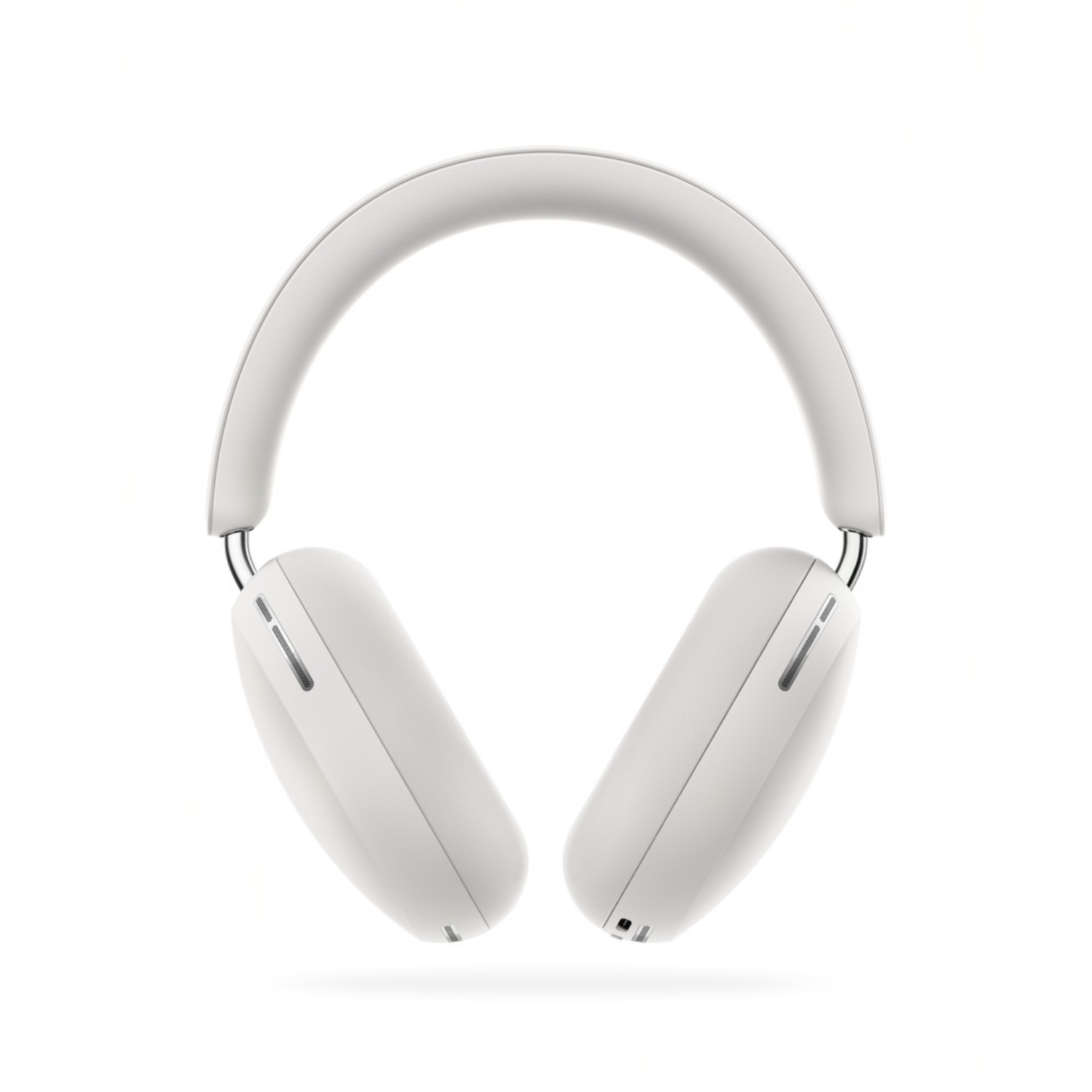 Auriculares blancos con diadema curva y auriculares sobre un fondo blanco.