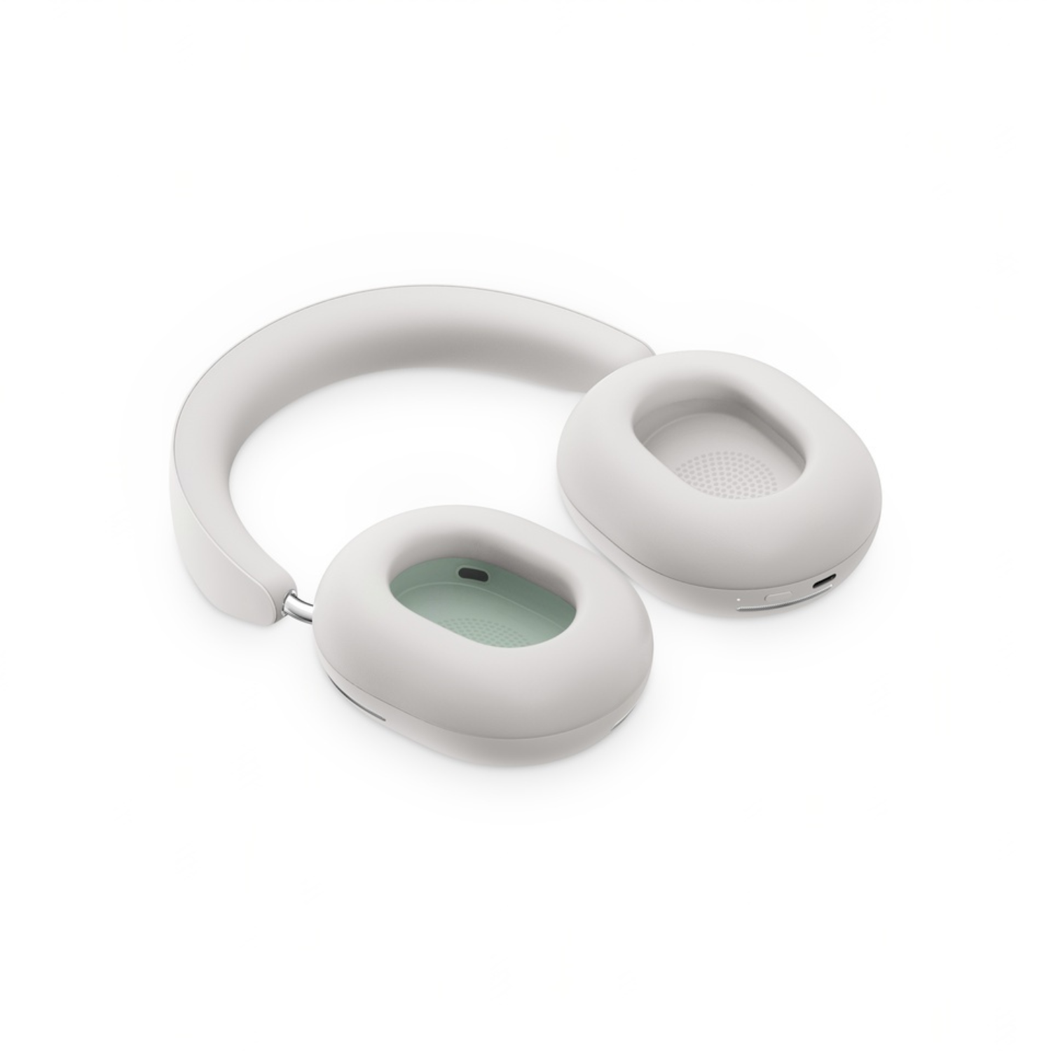 Auriculares blancos sobre fondo blanco. Dos auriculares y una diadema.