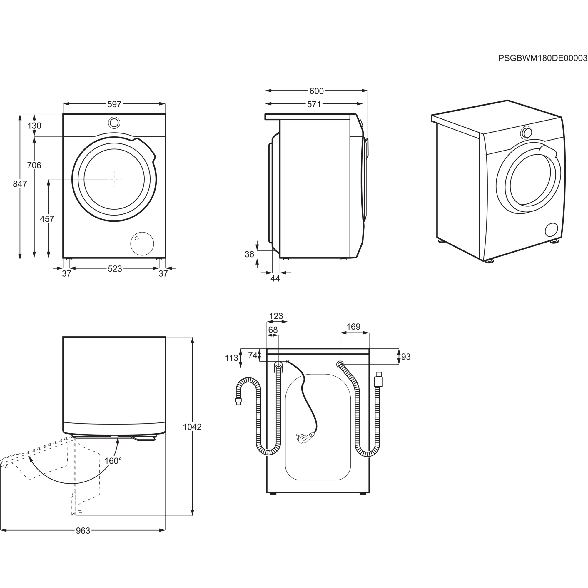 Technische Zeichnungen einer Waschmaschine, die verschiedene Winkel und Abmessungen in schwarzen Linien zeigen.