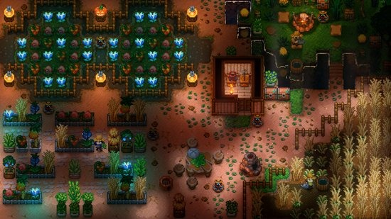 Bovenaanzicht van een tuin met gewassen, een klein huis en diverse planten.