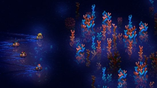 Gepixeleerde onderwaterwereld. Figuren in boten, koraalformaties en blauw water.