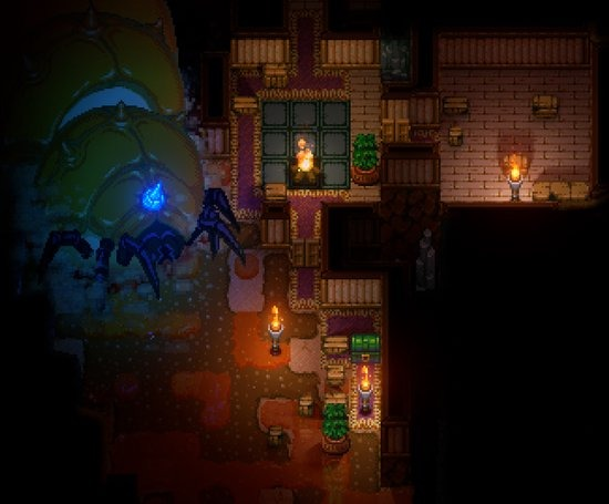 Bovenaanzicht van een gepixelde game-scène. Een personage met een fakkel, omringd door andere personages.