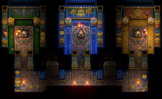 Pixel art van een spelscène met drie kamers en een personage met een fakkel.
