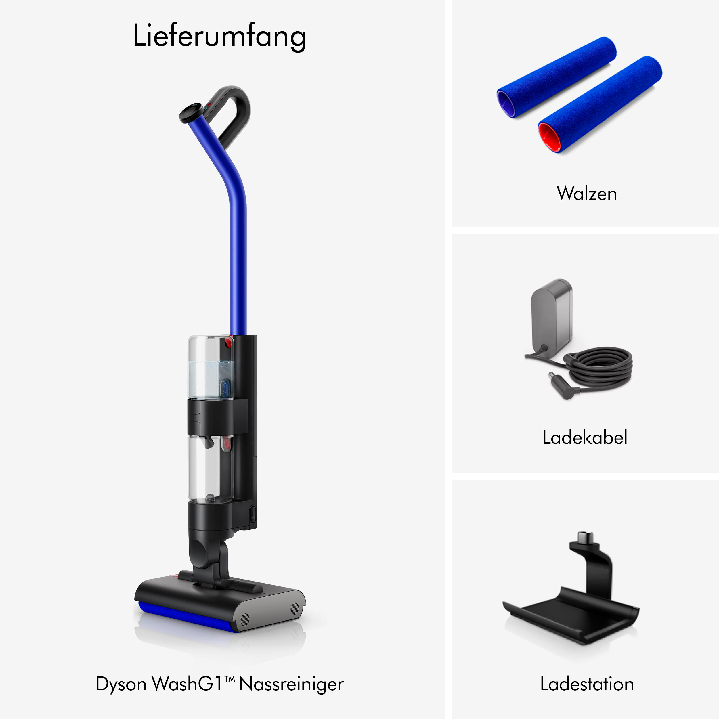 Dyson G1 Waschreiniger mit Zubehör: Walzen, Ladegerät, Ladestation.
