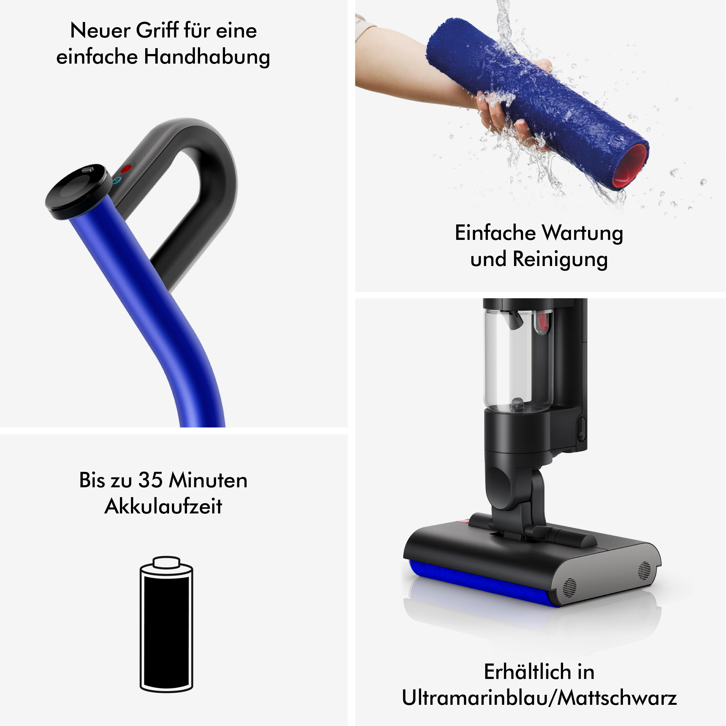 Bilder zeigen blauen Griff, Waschen, Akkulaufzeit und einen Staubsauger in Blau und Schwarz.