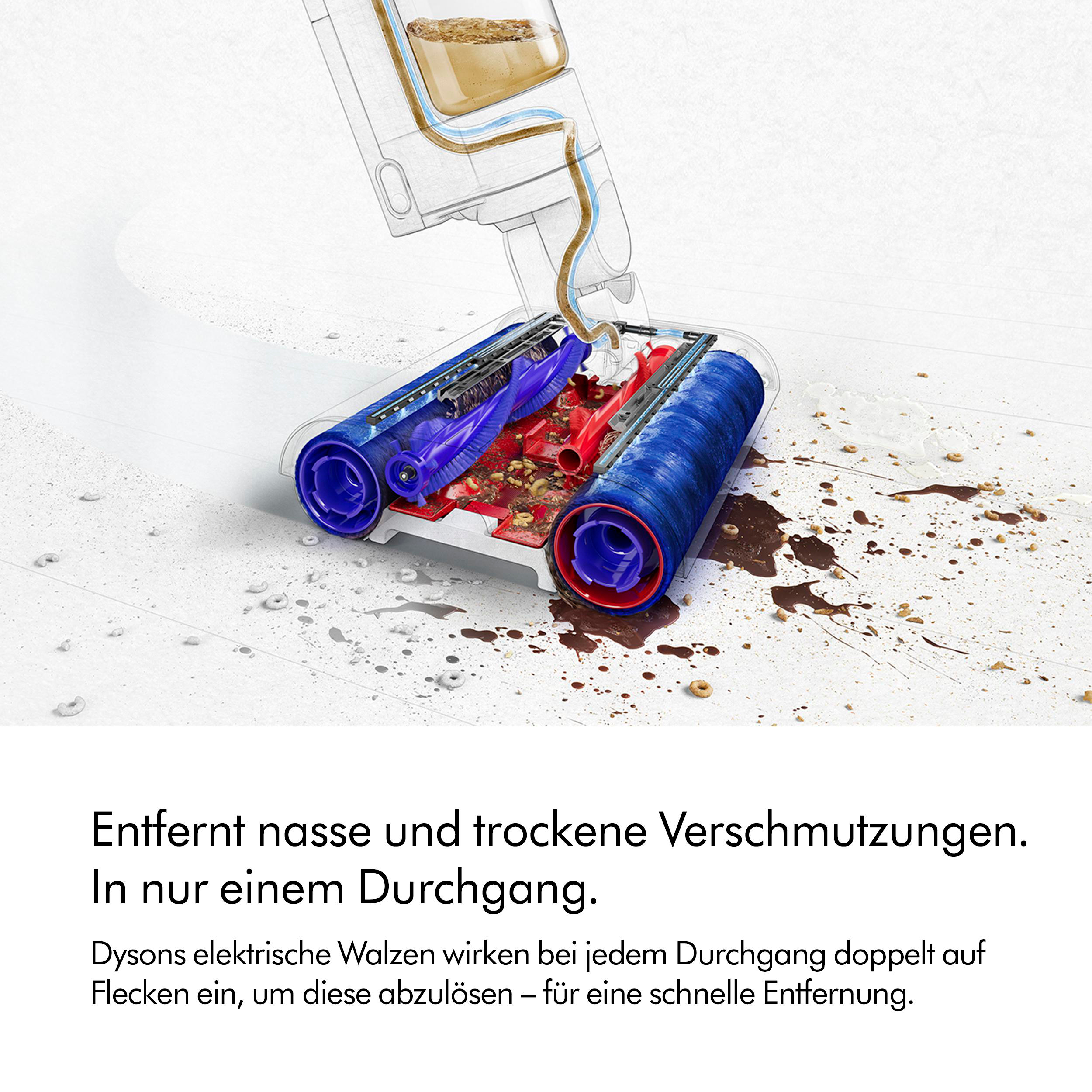 Nahaufnahme eines Staubsaugerkopfes, der Schmutz aufwischt. Text auf Deutsch: Entfernt nasse und trockene Verschmutzungen.