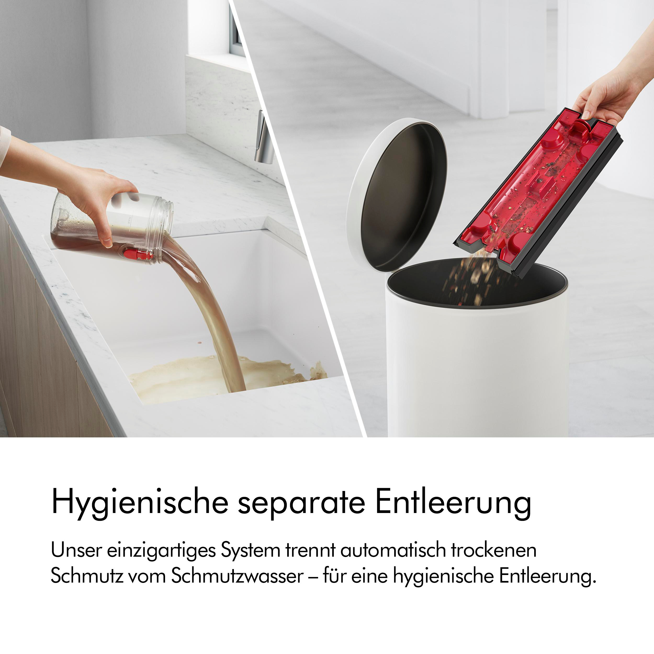 Eine Person gießt Flüssigmüll in ein Waschbecken und leert einen Mülleimer. Text: Hygienische separate Entleerung.