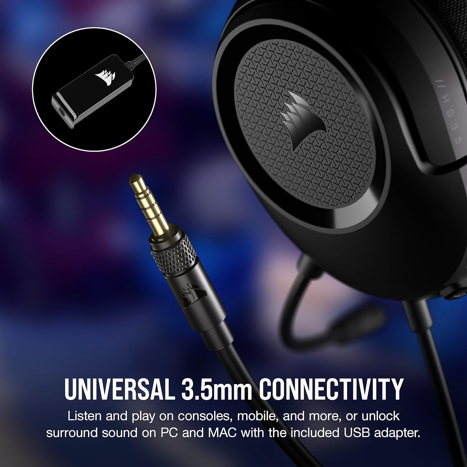 Primo piano di un jack da 3,5 mm e una cuffia. Testo: connettività universale da 3,5 mm.