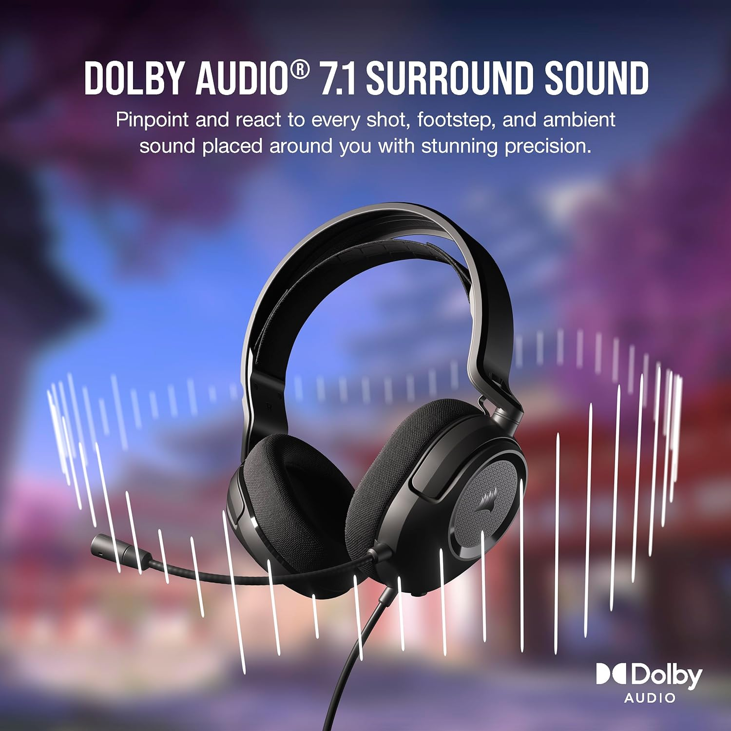 Cuffie nere con microfono e grafica che illustra il suono surround.