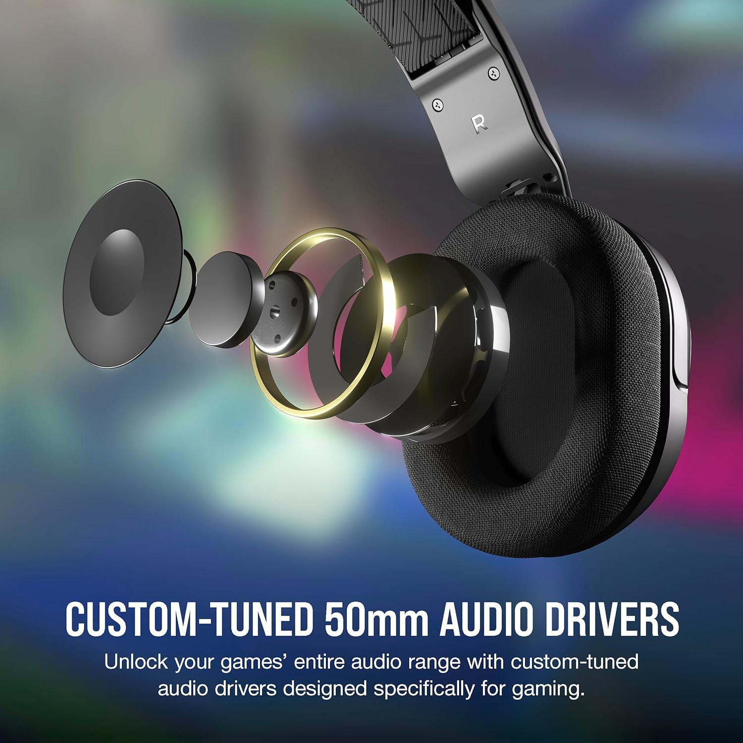 Vista esplosa delle cuffie, che mostra i componenti. Testo: Driver audio personalizzati.