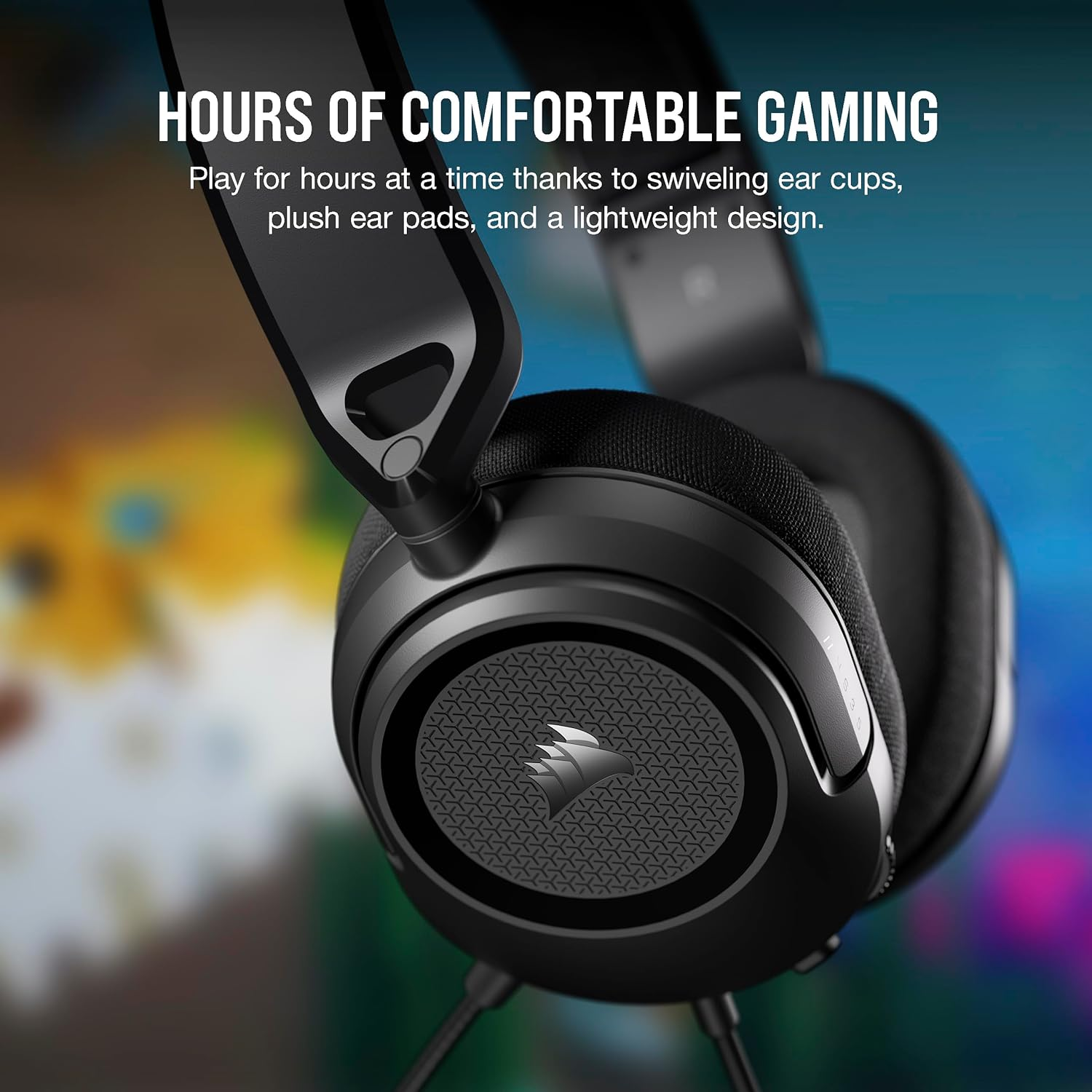 Cuffie da gioco nere che mostrano i dettagli del padiglione auricolare e del microfono.