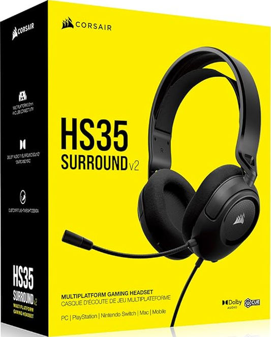 Scatola delle cuffie. Sfondo giallo, una cuffia nera e testo: HS35 SURROUND V2.
