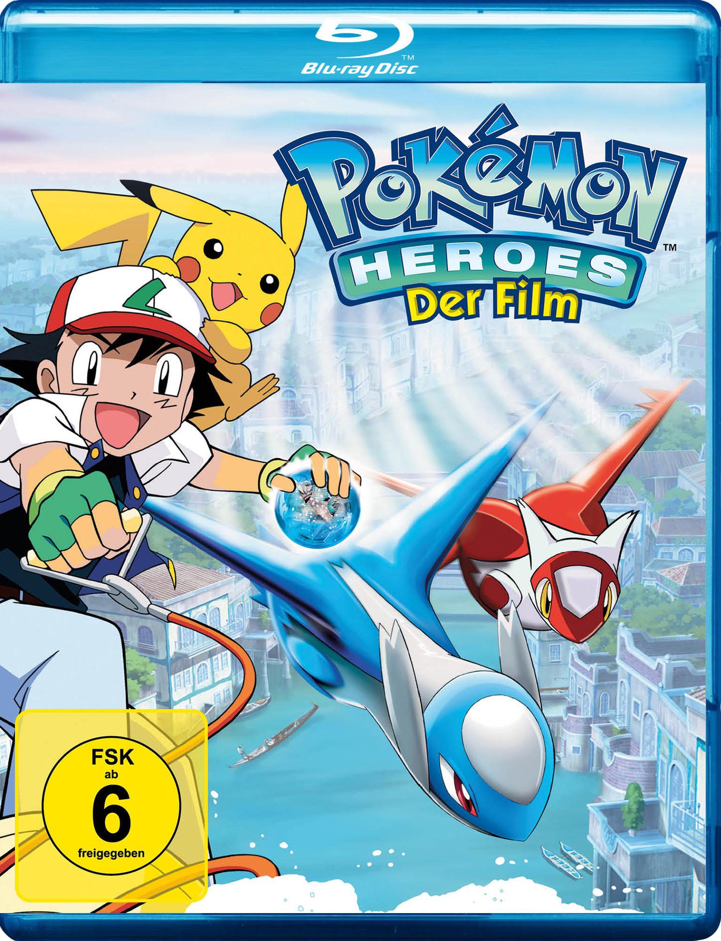 Pokemon-Film-Blu-ray-Cover. Ash und Pikachu, mit blauen und roten Pokémon-Charakteren. Blauer Hintergrund.