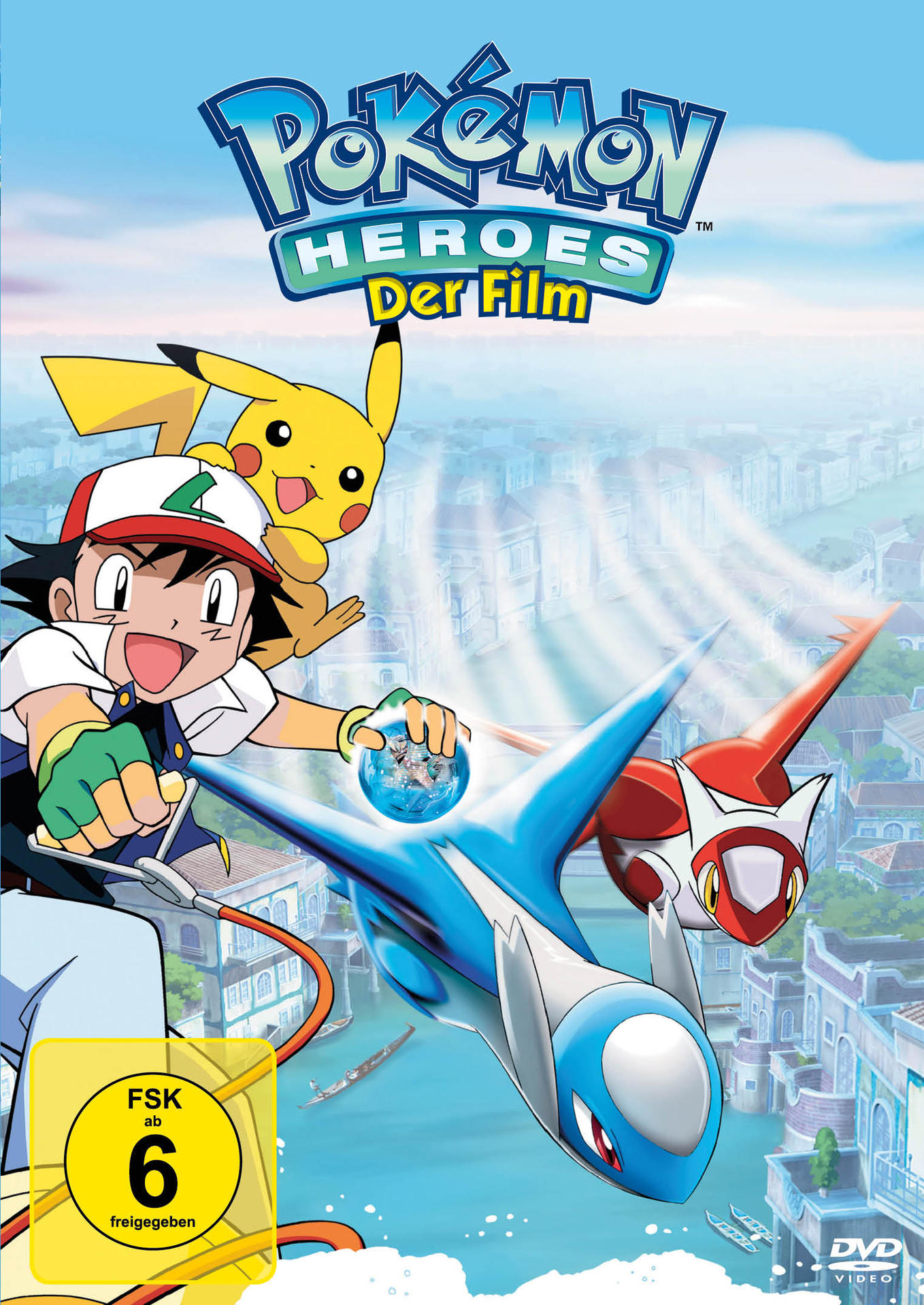 DVD-Cover für den Film Pokémon Heroes mit Ash, Pikachu und Latias und Latios.
