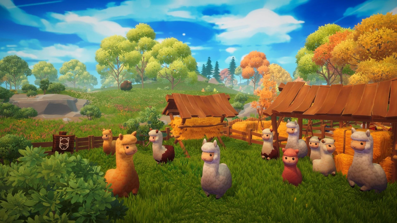 Een cartoonscene met een kudde alpaca's in een groen veld, met huizen en bomen op de achtergrond.