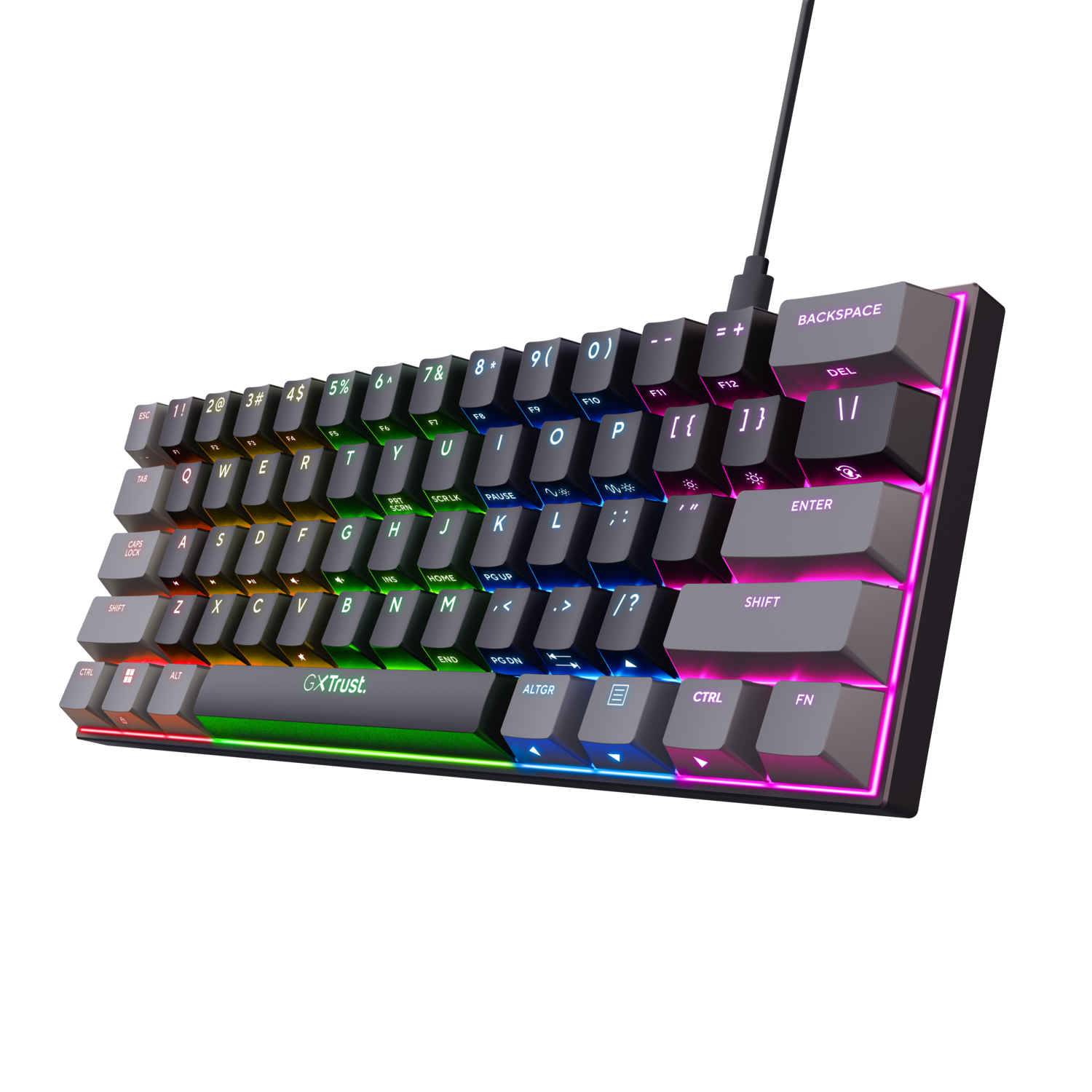 A gray, mechanical keyboard with rainbow-colored keys and a GXT trust logo.
