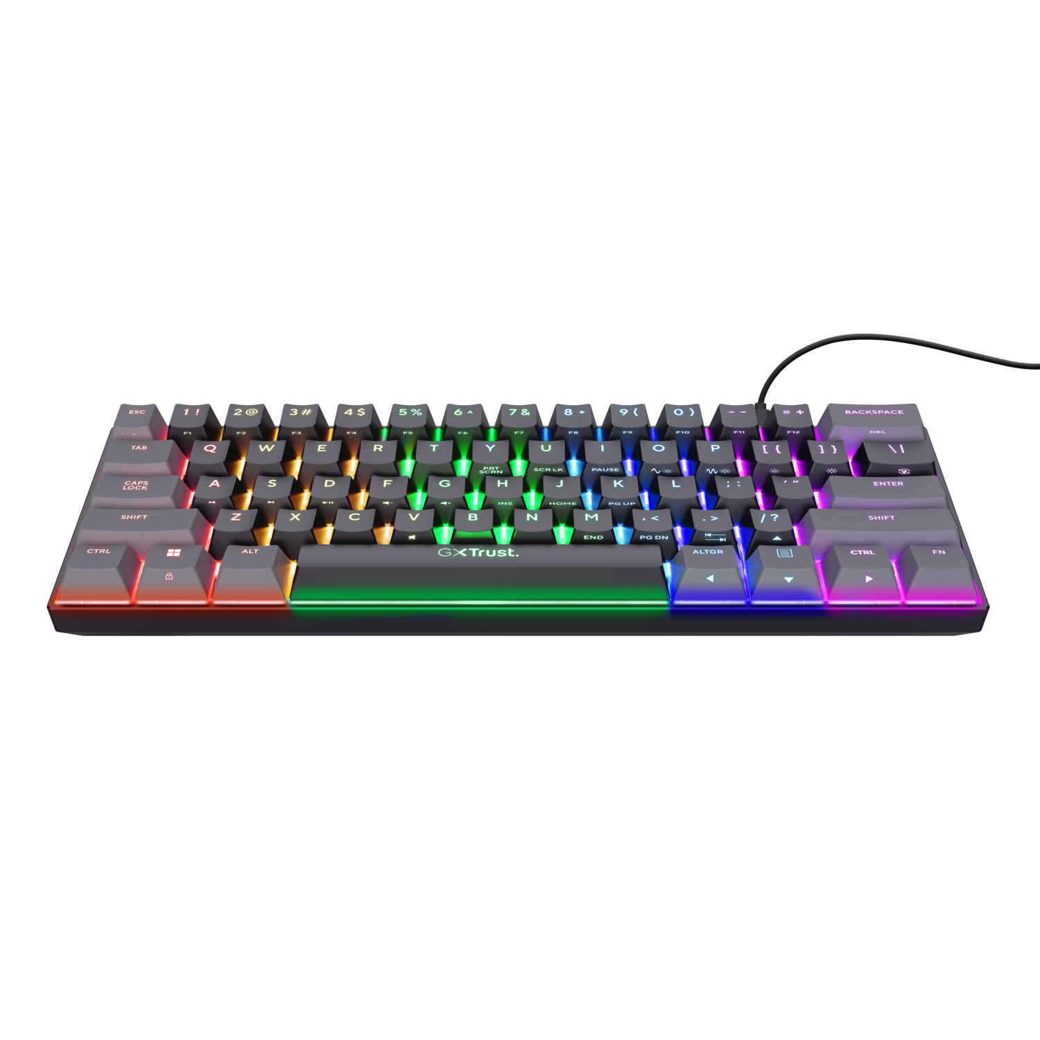 Black mechanical keyboard with rainbow LED lighting. Keys are visible, and the brand is GXTrust.