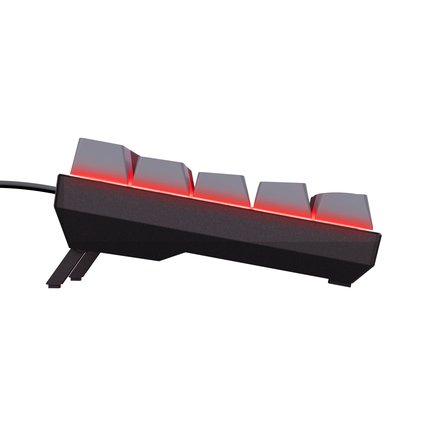 Black keyboard with red backlit keys. It's angled with a visible cable and stand.
