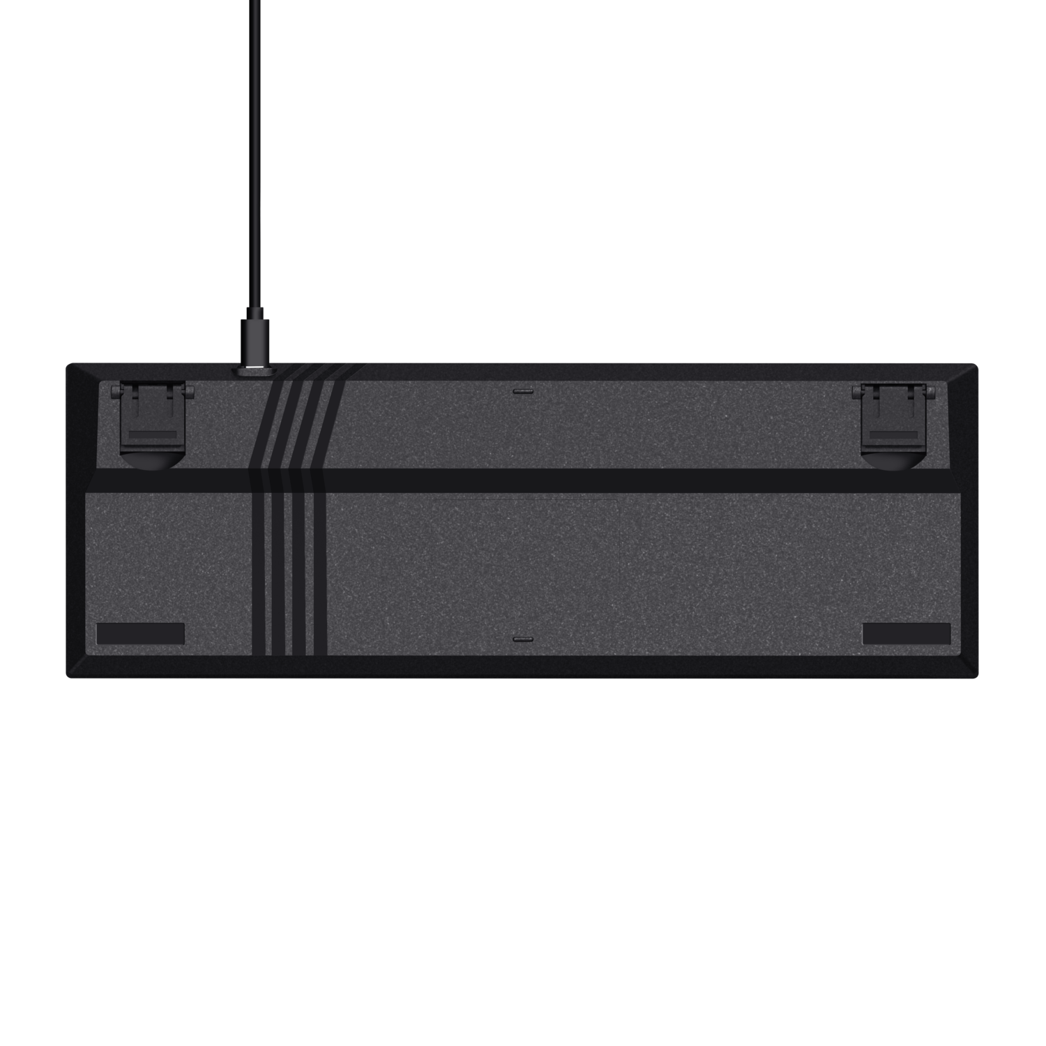 A black keyboard seen from the back, with a cable and stripes.