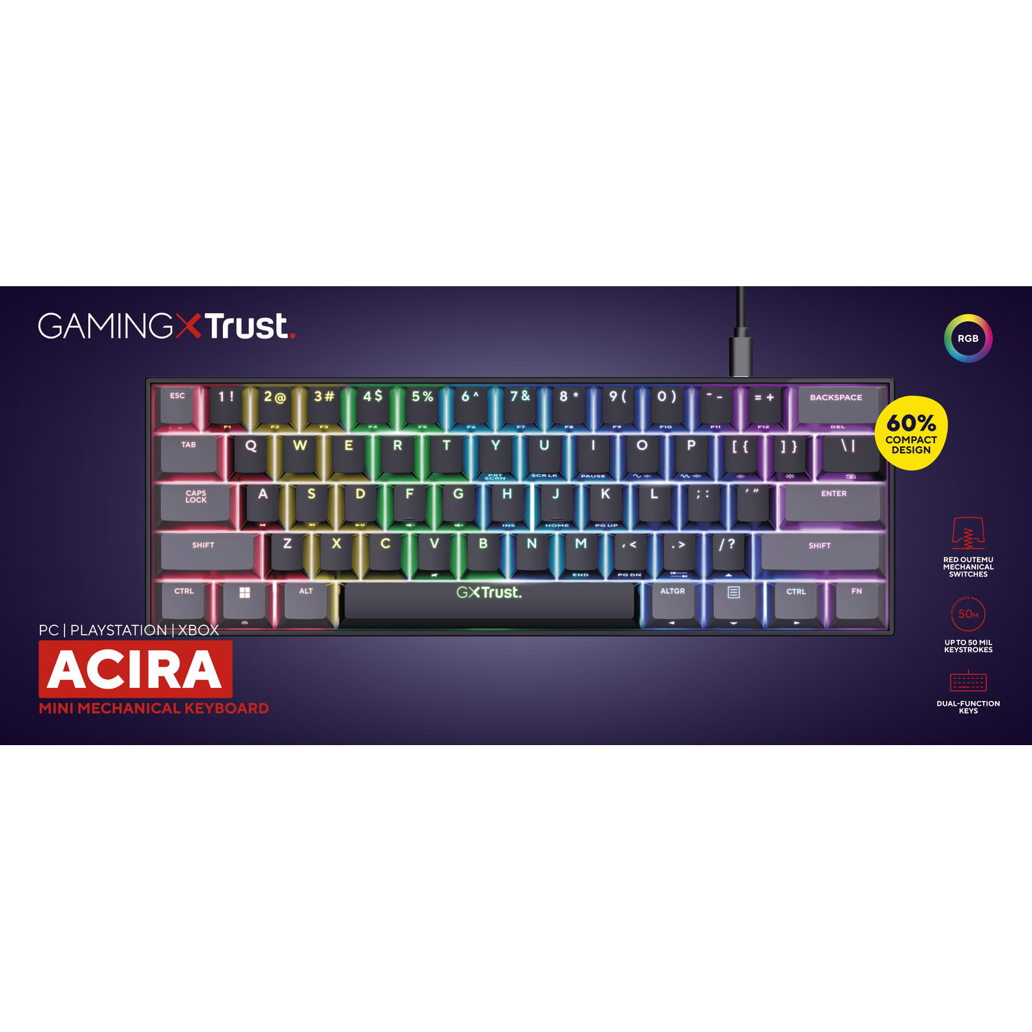 Trust ACIRA mini mechanical keyboard, RGB lit, with keys and layout.