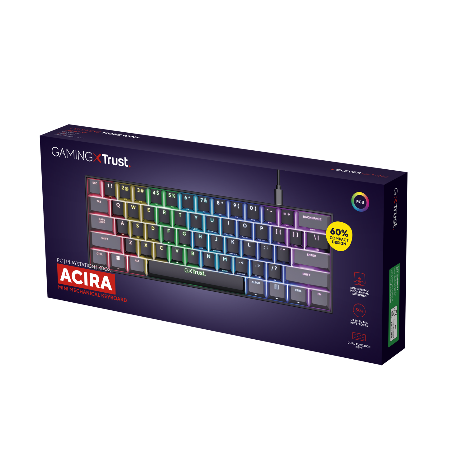 Mini mechanical gaming keyboard in a box. It has a dark purple and blue color scheme.