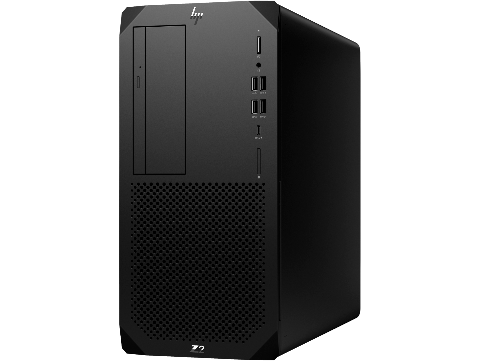 Ordenador HP Z2 negro. El frontal tiene un diseño de malla y puertos.