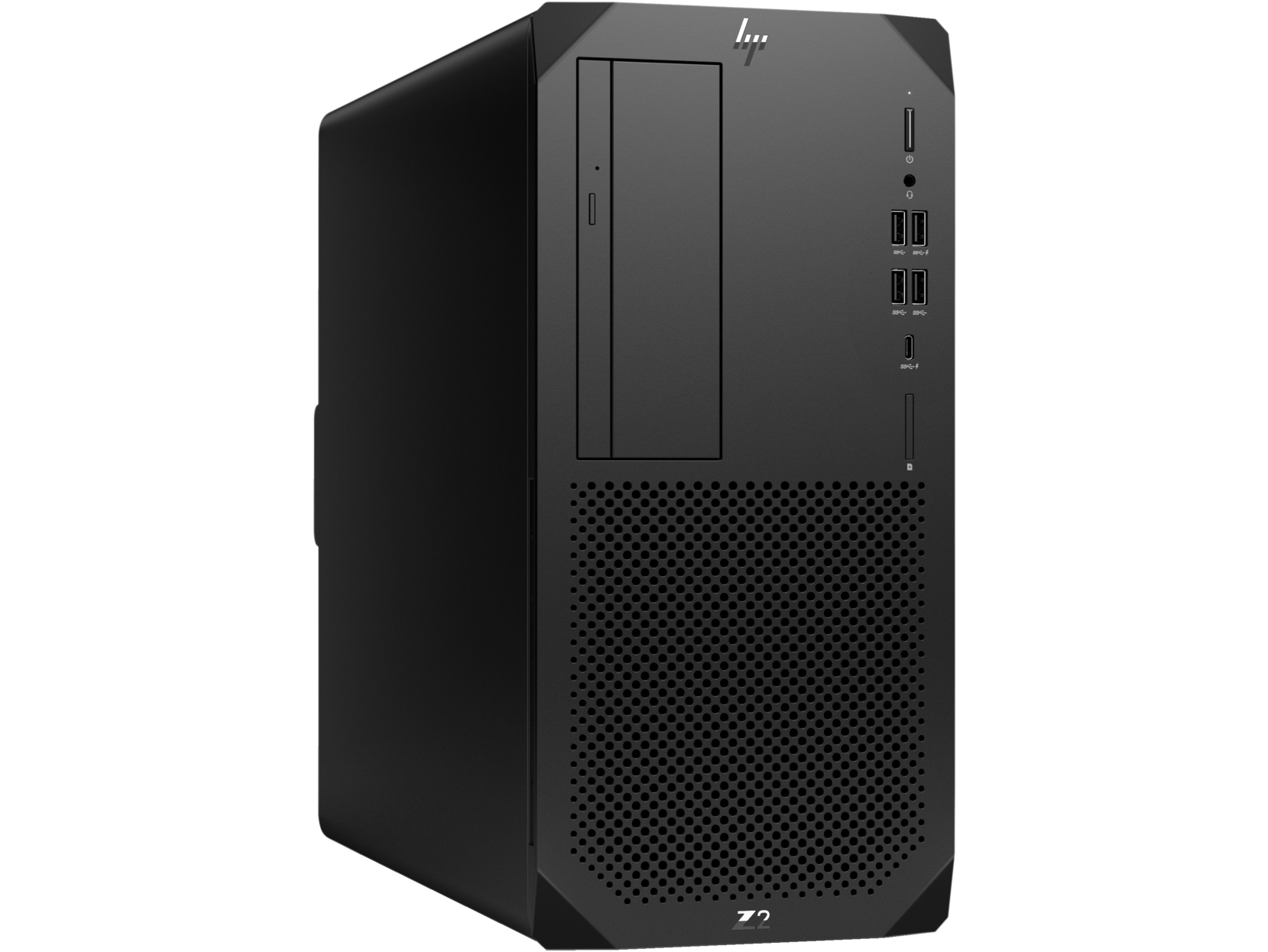 Torre de ordenador de sobremesa negra con muchos puertos y un panel frontal de malla.