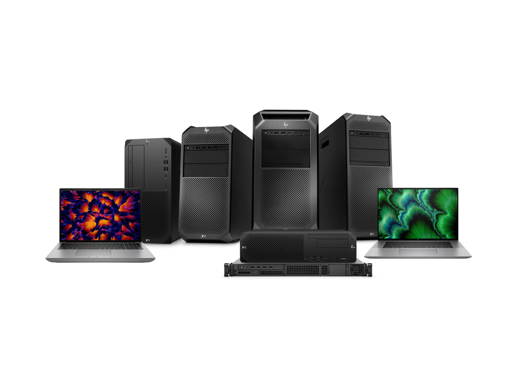 Una exhibición de varias computadoras HP.