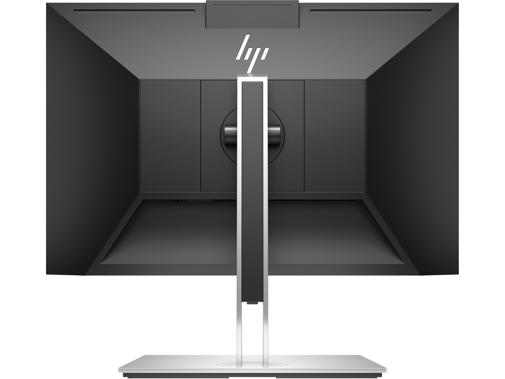 Parte trasera de un monitor de computadora negro con soporte y el logotipo de HP en la parte superior.