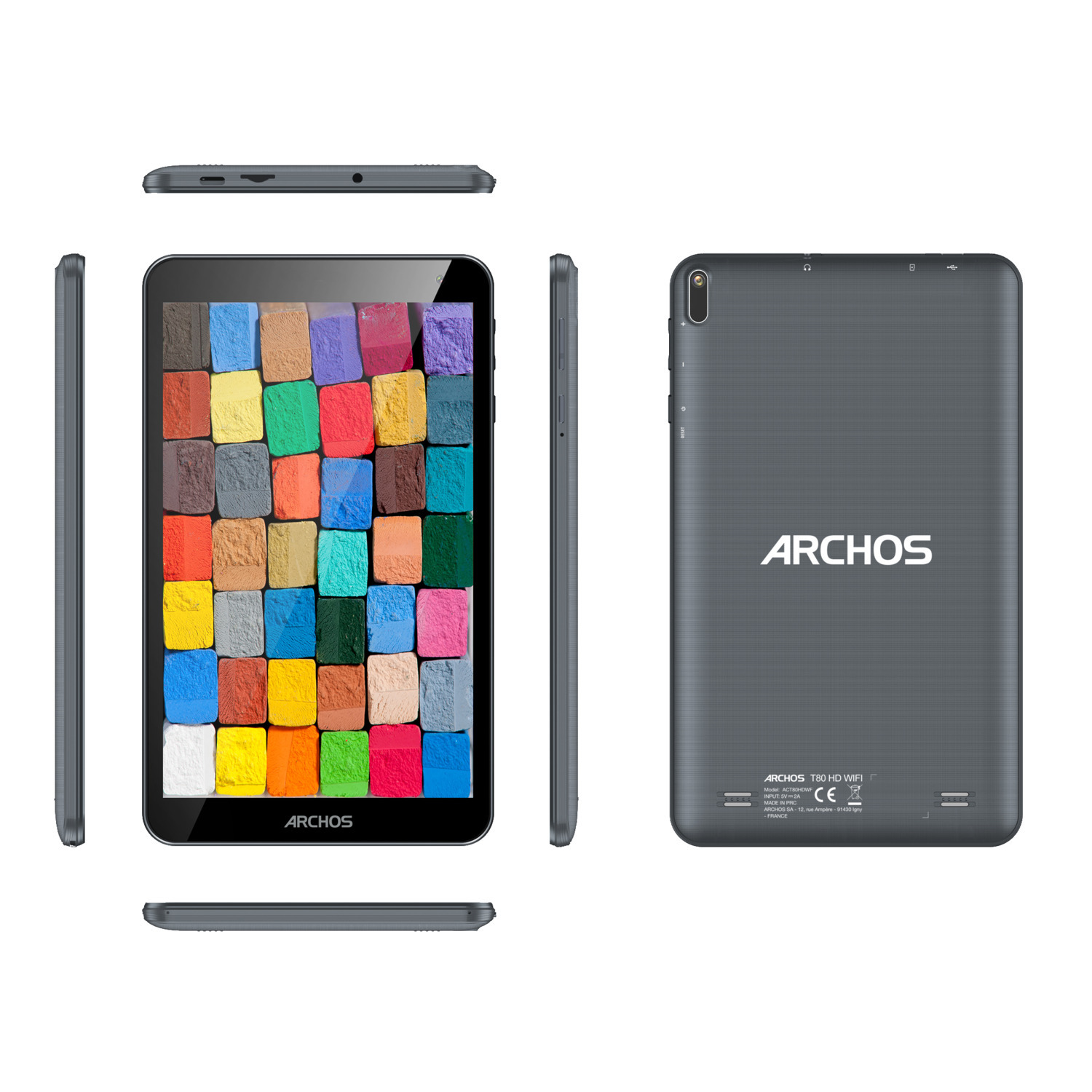 Tablette avec des carrés colorés sur l'écran, plusieurs vues.