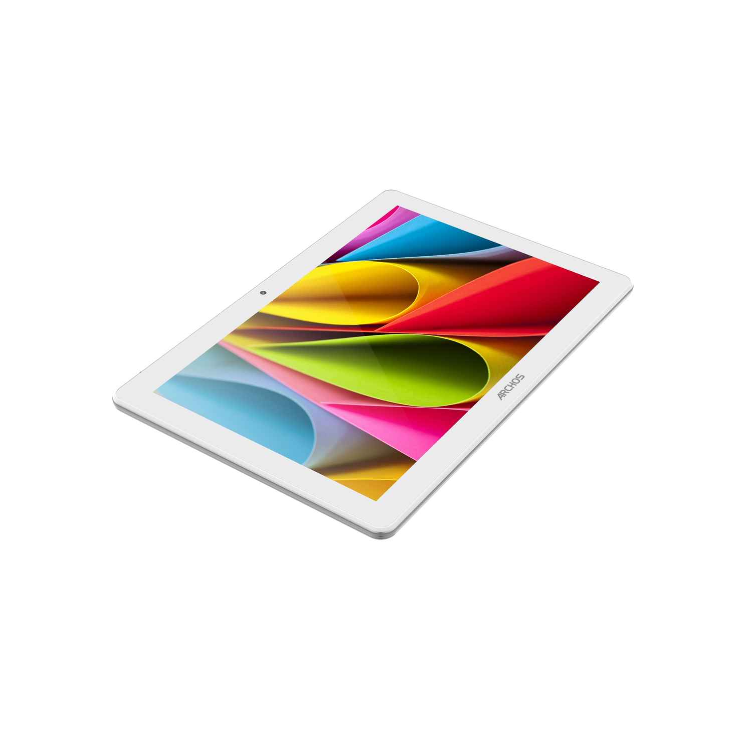 Witte tablet met een kleurrijk scherm, schuine weergave.