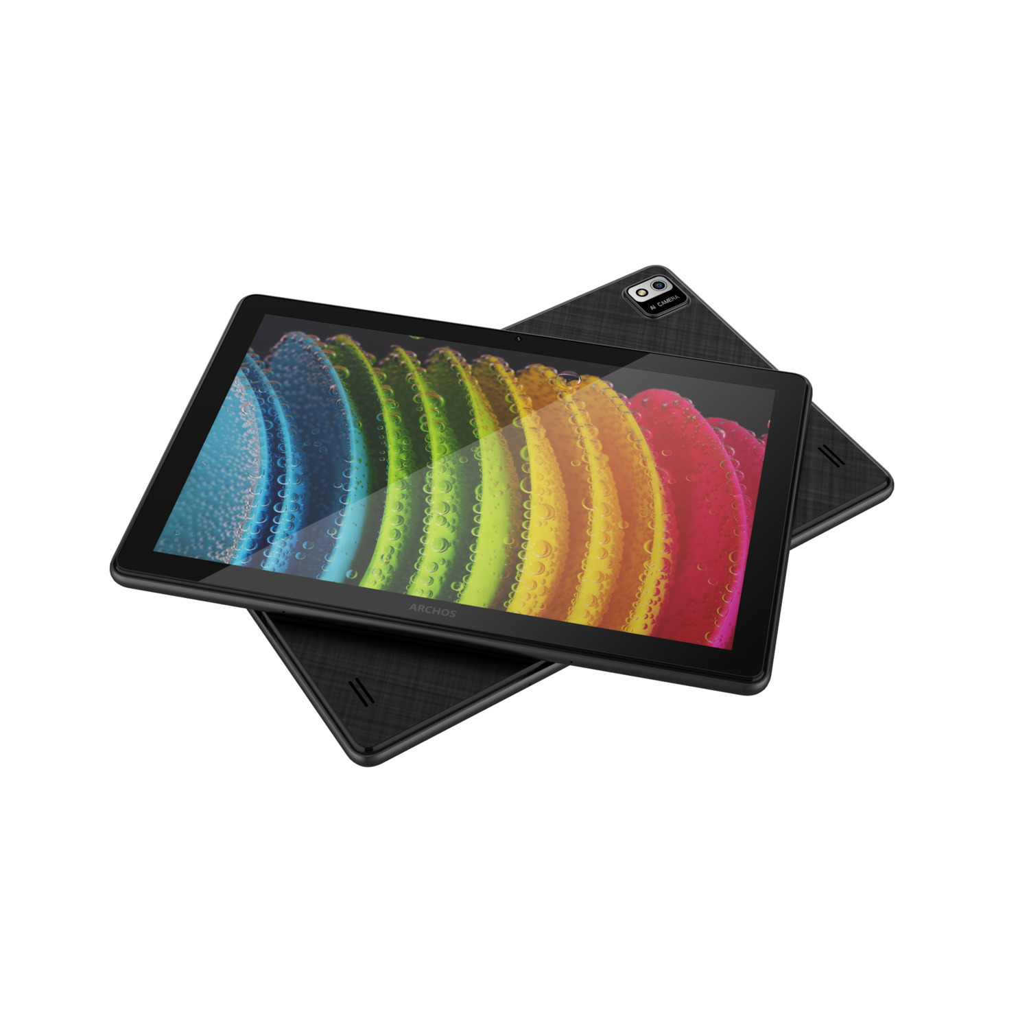 Twee zwarte tablets met regenboogdisplay gestapeld op een wit oppervlak.