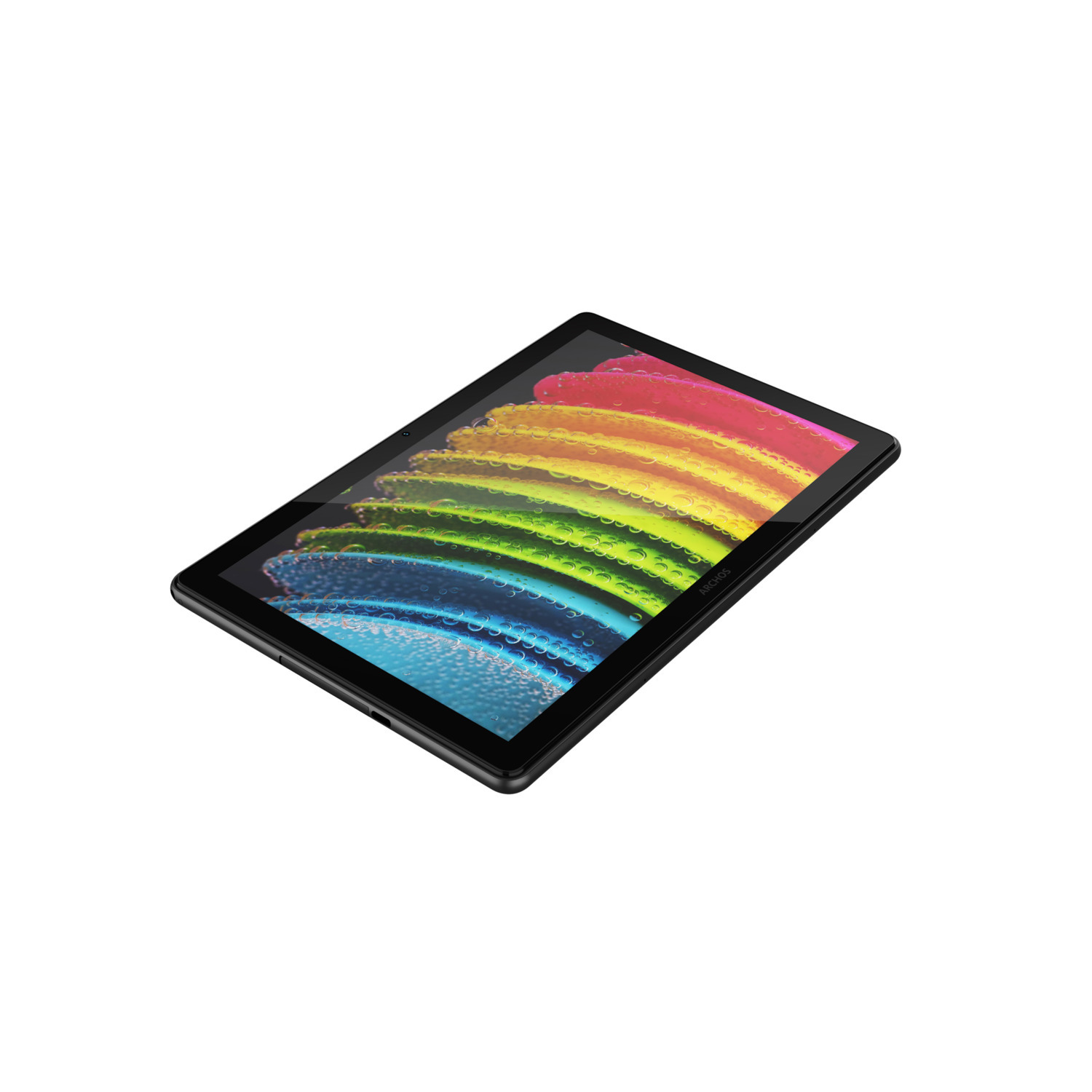 Een zwarte tablet met een kleurrijk regenboogdisplay. Toont een close-up van het scherm.
