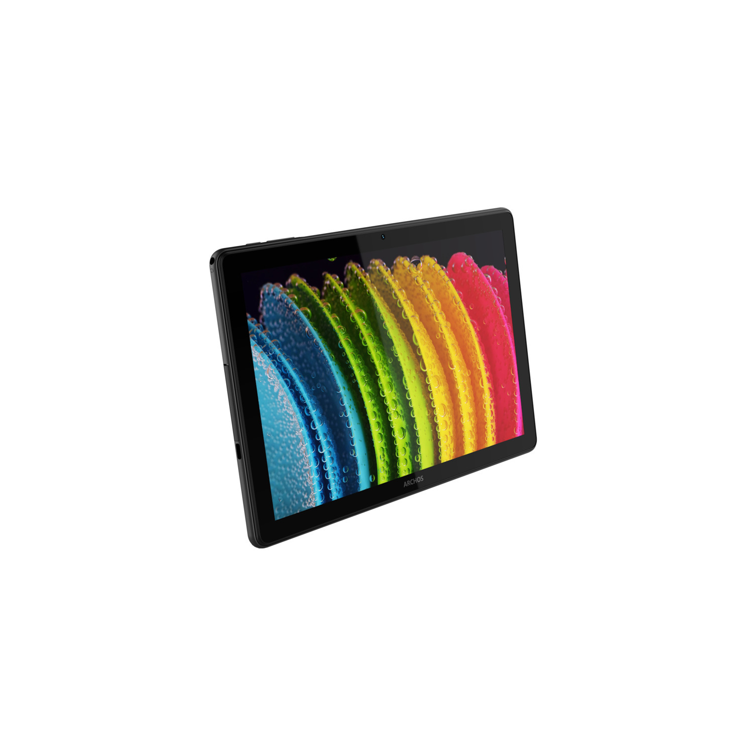 Een zwarte tablet met een kleurrijke regenboogachtige afbeelding op het scherm, tegen een witte achtergrond.