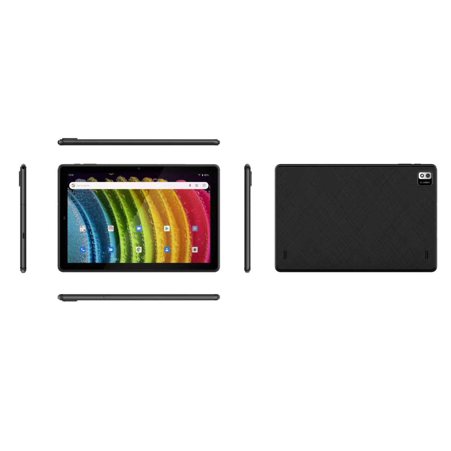 Tablet vanuit meerdere hoeken getoond. Zwart met een interface.