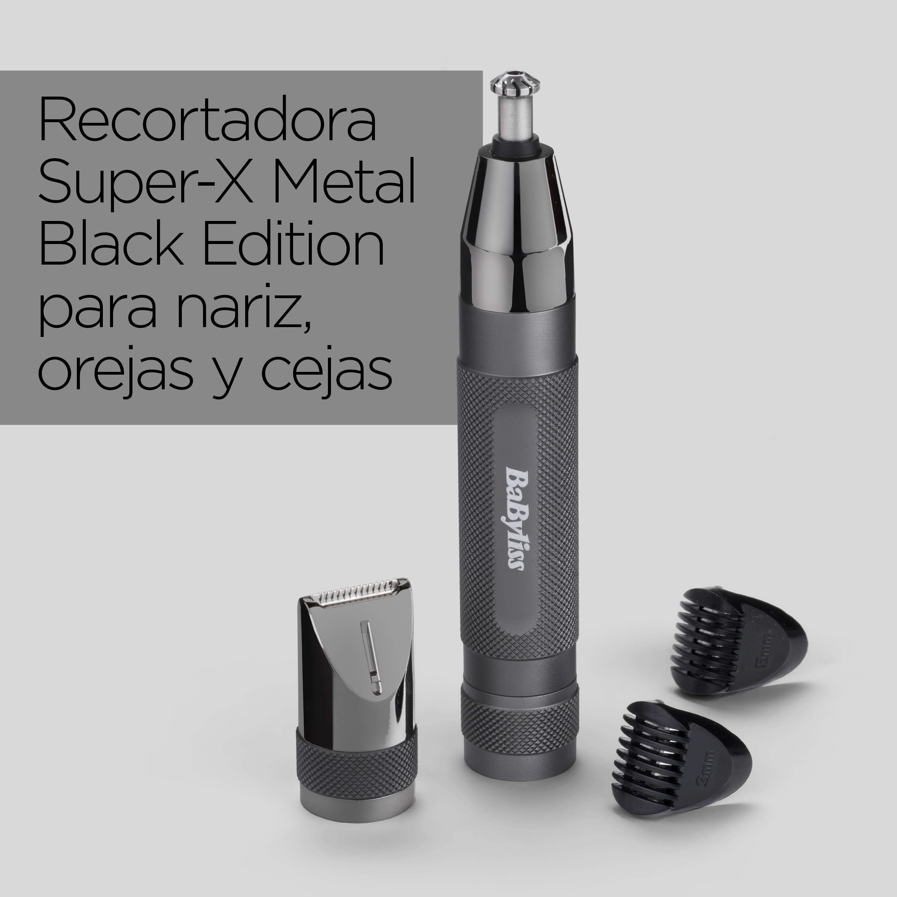 Un recortador de vello nasal negro con accesorios y texto.