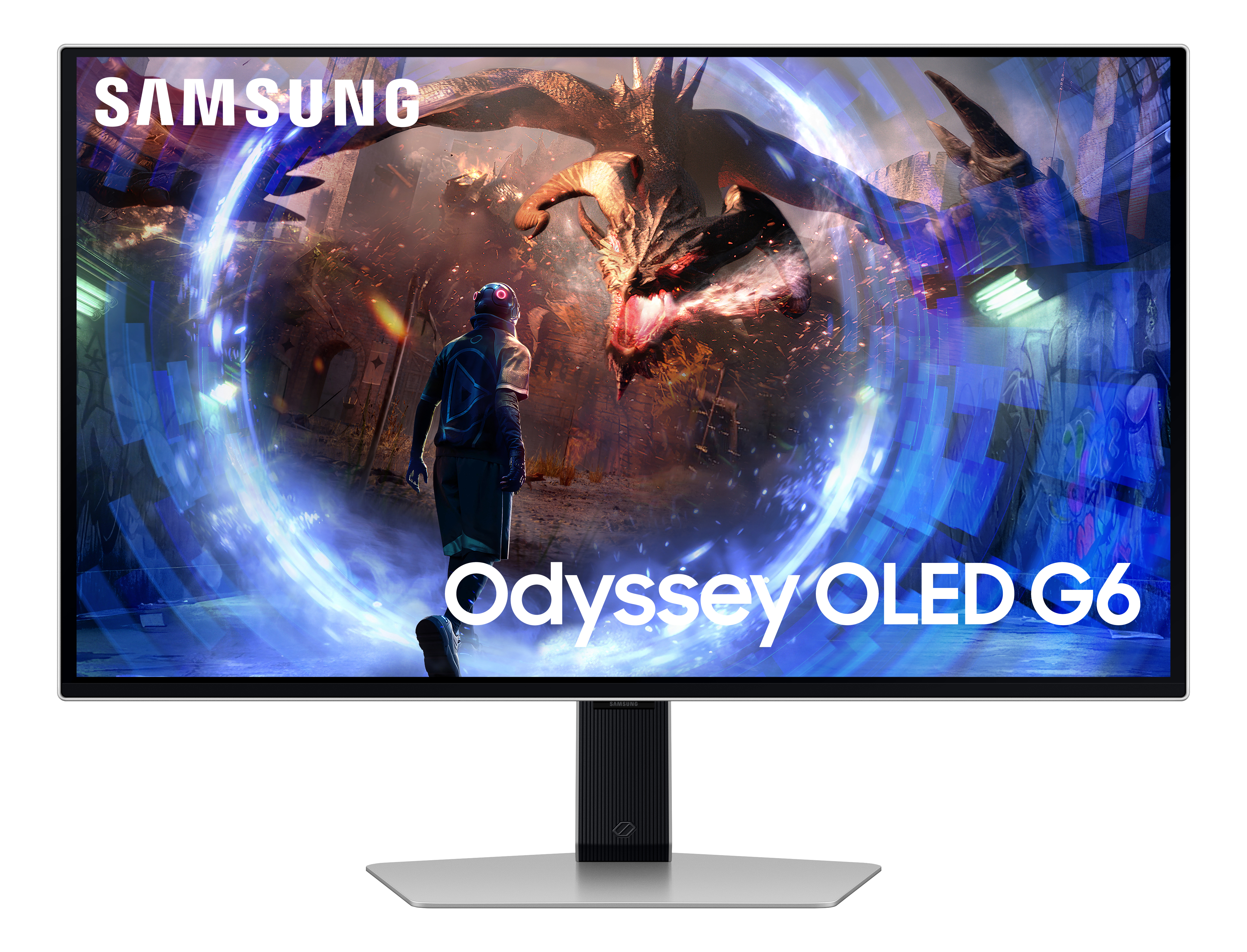 Samsung Odyssey OLED G6 Monitor zeigt eine Videospielszenen mit einem Drachen und einer Figur.