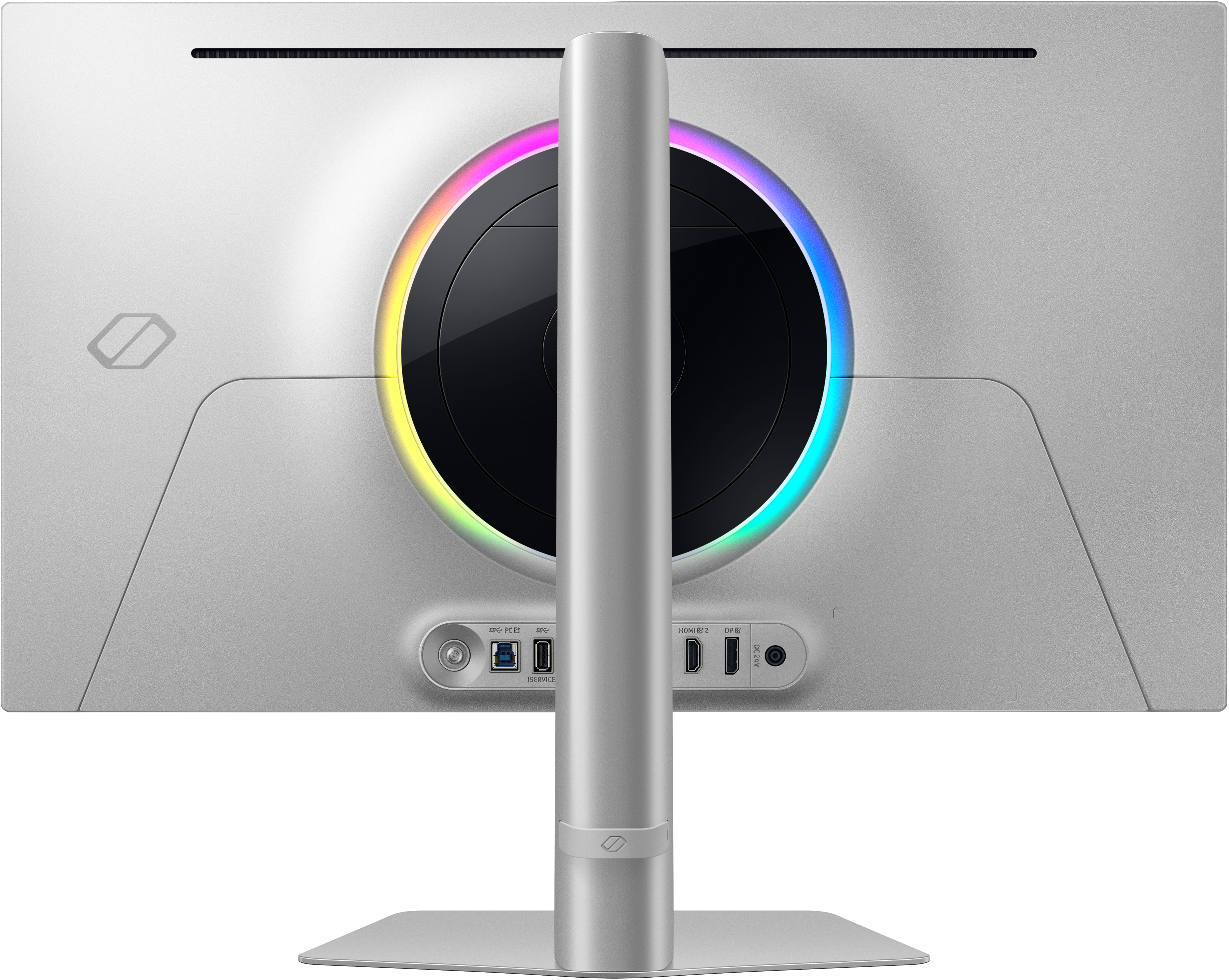 Arrière d'un moniteur blanc avec une lumière circulaire et divers ports.