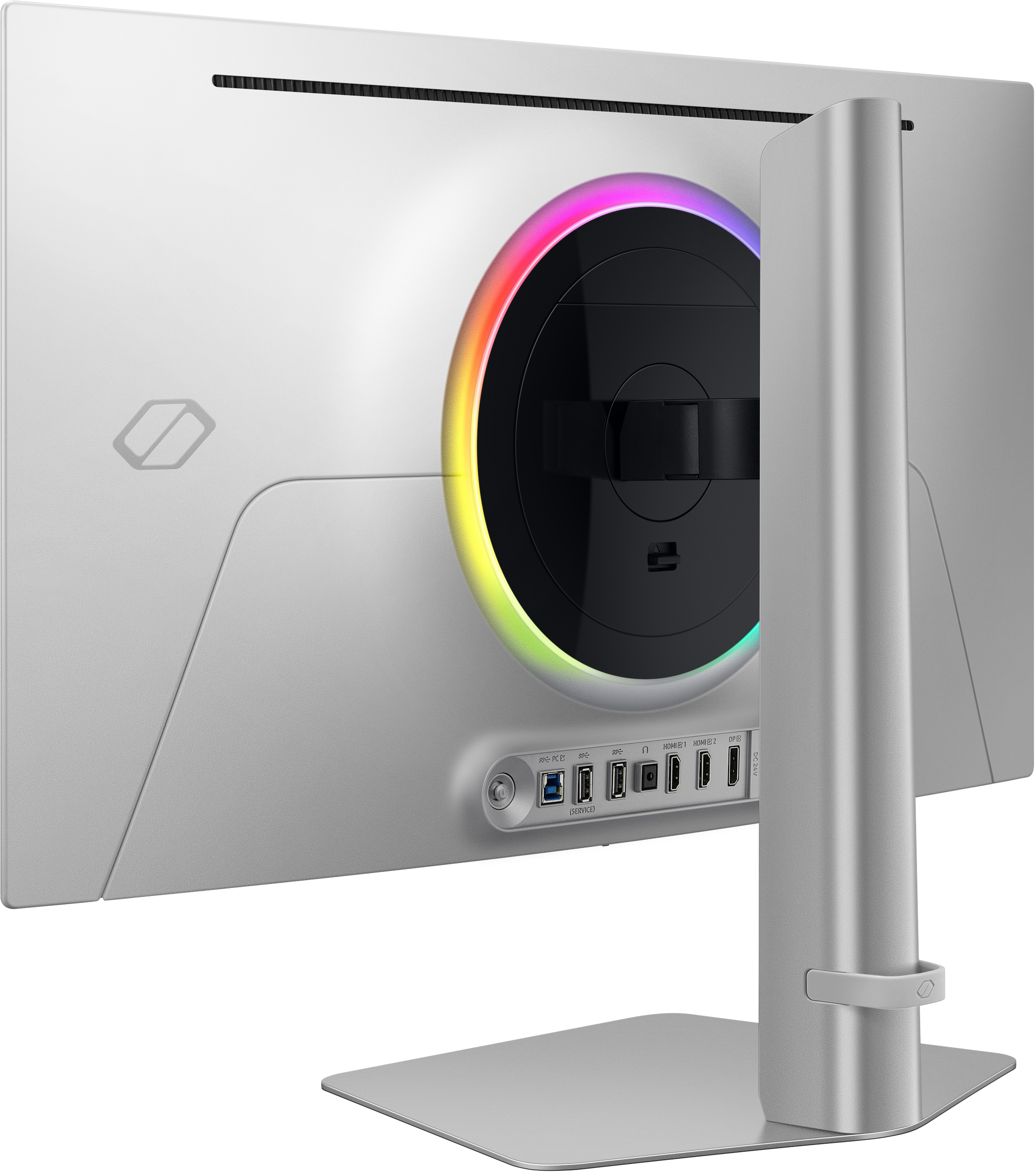 Vue arrière d'un moniteur d'ordinateur argenté, avec une lumière annulaire colorée et des ports. Support argenté présent.